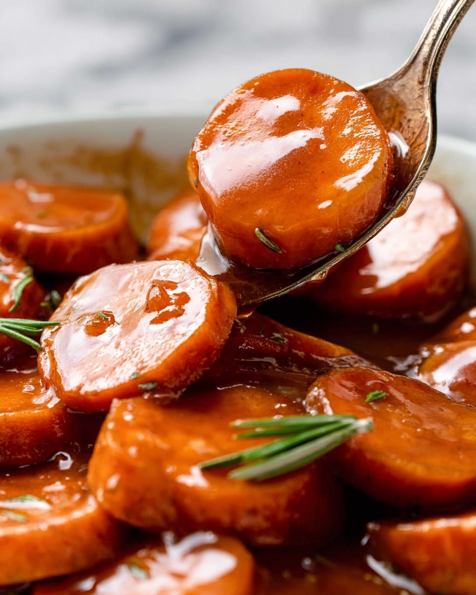 The image shows several thick round slices of sweet potatoes covered in a shiny, sticky brown sauce, filling the frame closely. Each slice has a smooth texture and is coated evenly with the sauce, which has small bubbles and specks of spices scattered on it. Thin green sprigs of rosemary are placed among the sweet potato slices, adding a touch of color and contrast. A silver spoon holds two slices, one on top of the other, with a small bite taken from the top slice, highlighting the soft inside of the sweet potato. The background is a white marbled surface, and the overall lighting highlights the glossiness and richness of the sauce. photo taken with an iphone --ar 4:5 --v 7