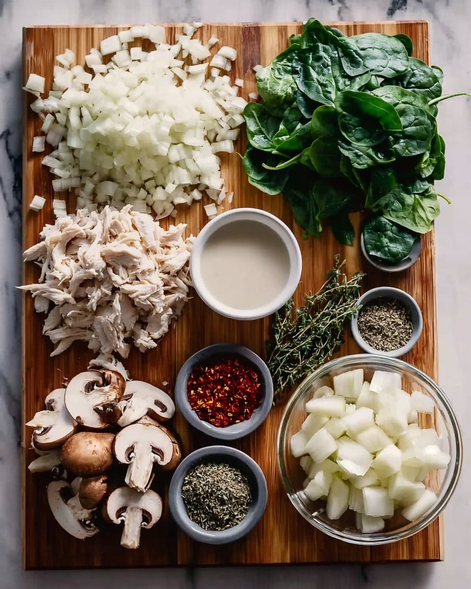 The image shows a wooden cutting board with neatly arranged ingredients: a large pile of chopped white onions on the left, a heap of shredded white chicken pieces in the top middle, and a bunch of fresh green spinach leaves on the top right. Below the onions is a small white bowl filled with cream or milk, next to several sliced brown mushrooms. In the middle there are small fresh thyme sprigs and two small gray bowls containing red chili flakes and chili powder. To the right side, there is a small clear glass bowl with large white onion chunks and three small white bowls filled with dried herbs arranged vertically. The whole scene is set on a white marbled surface. photo taken with an iphone --ar 4:5 --v 7