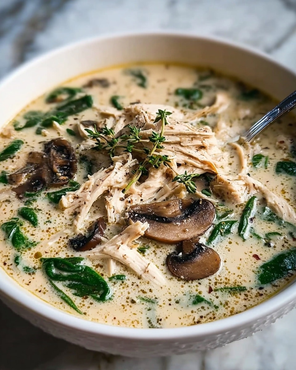 A white bowl filled with creamy soup showing a light beige broth as the base layer with small bits of herbs and pepper floating in it. On top of the broth, there are layers of shredded light brown chicken pieces positioned in the center, surrounded by dark brown sliced mushrooms and bright green spinach leaves scattered evenly throughout the soup. A few sprigs of fresh green thyme rest on the chicken, adding detail to the surface. A shiny silver spoon is partially visible on the right side inside the bowl. The bowl is set on a white marbled textured surface. Photo taken with an iphone --ar 4:5 --v 7