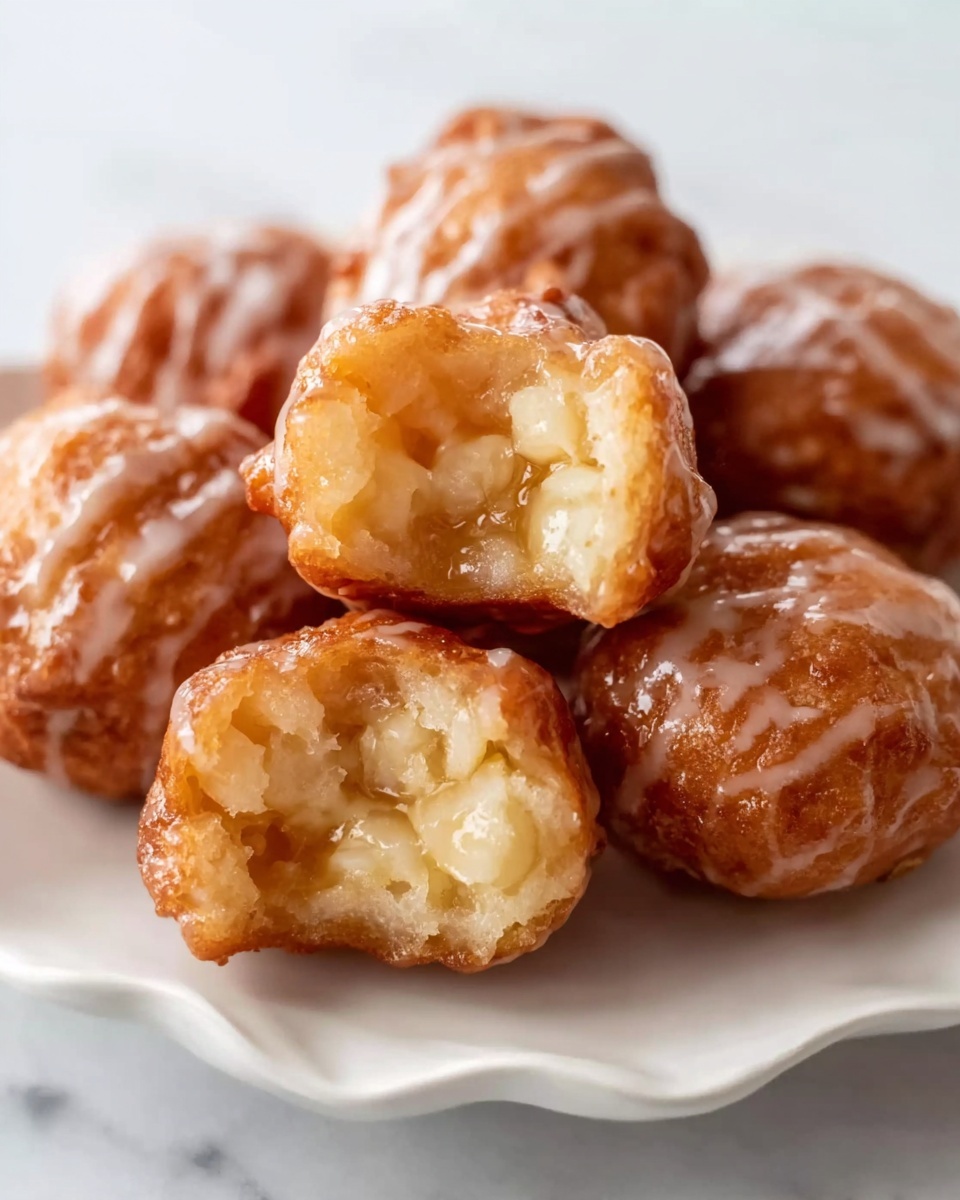 A close-up image of six small round fritters on a white ceramic plate with a scalloped edge, placed on a white marbled surface. The fritters have a light golden-brown crispy outer layer with a shiny glaze and some white glaze drizzled on top in thin streaks. One fritter is broken open in the front, showing a soft, pale yellow, dense interior with a slightly creamy texture and small rounded lumps inside. The rest of the fritters are whole and clustered together behind the broken one, all with a similar browned and glazed look. Photo taken with an iphone --ar 4:5 --v 7