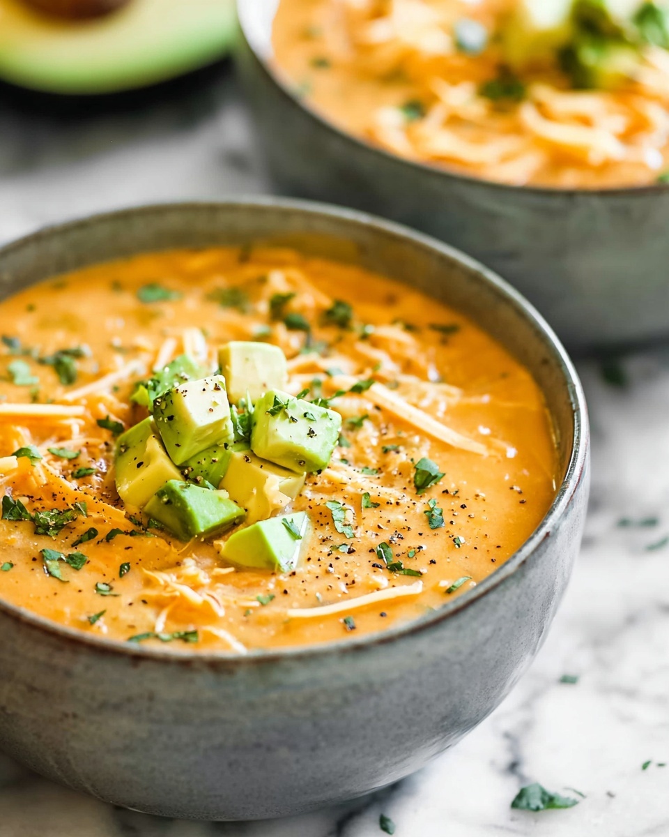 A gray bowl filled with creamy orange soup topped with shredded light orange strips, small green avocado cubes, and sprinkled with green chopped herbs and black pepper directly in the center of the bowl. The surface beneath the bowl has a white marbled texture. Another similar bowl, blurred, is in the background. Photo taken with an iphone --ar 4:5 --v 7
