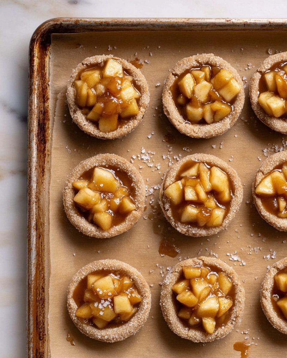 A metal baking sheet lined with light brown parchment paper holds nine small round mini pies arranged in three rows. Each mini pie has a light brown crust with a sugar coating on the edges, forming a small shallow bowl to hold the filling. The filling is a glossy, warm amber color with chunky diced apples that are soft yellow and caramel-colored, packed inside each crust. There are scattered sugar crystals on the parchment paper around the pies. The whole scene is viewed from above on a white marbled surface. Photo taken with an iphone --ar 4:5 --v 7