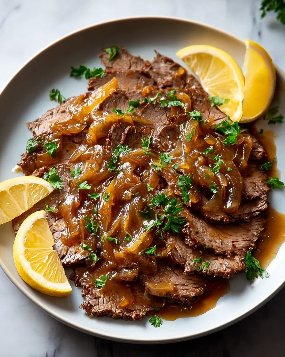 The dish shows a single layer of brown sliced meat arranged in a slightly overlapping circular pattern on a white plate, topped with a shiny caramelized onion sauce that adds a golden amber color and glossy texture. Small green parsley leaves are scattered evenly over the meat for a fresh contrast, and two lemon wedges rest on the side, their bright yellow rind and pale juicy flesh adding a pop of color. The plate sits on a white marbled surface that softly reflects light, creating a clean and elegant setting. photo taken with an iphone --ar 4:5 --v 7