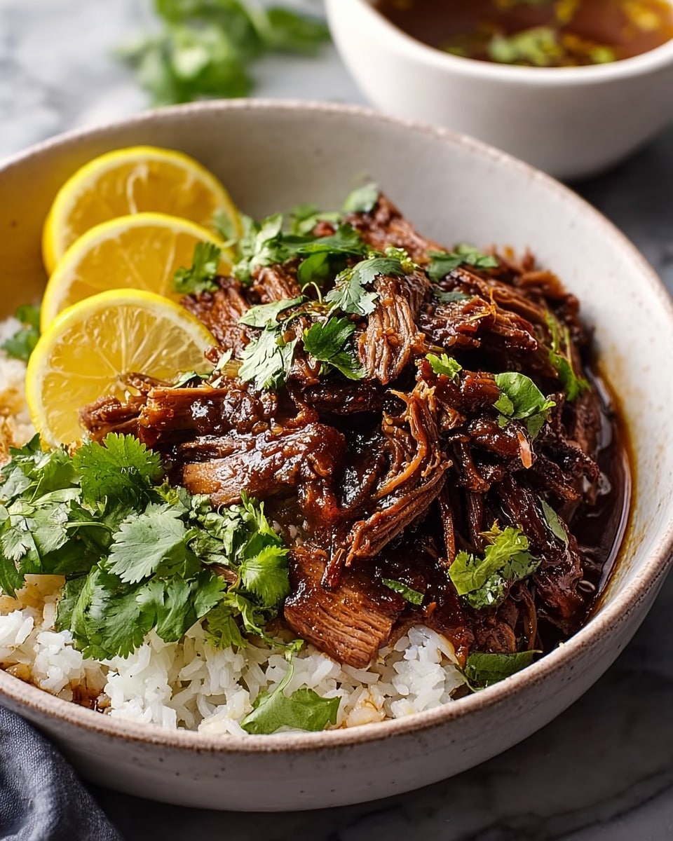 A white bowl holds three main layers: the bottom layer is soft, white rice with a slightly sticky texture; above it is a thick layer of shredded dark brown meat coated in a shiny dark sauce, giving it a moist and glazed look; the top layer consists of fresh green cilantro leaves scattered around and two lemon wedges with a vibrant yellow color, adding brightness to the dish. The edges of the bowl are visible, and the bowl sits on a white marbled texture surface with a blurred white bowl of sauce in the background photo taken with an iphone --ar 4:5 --v 7