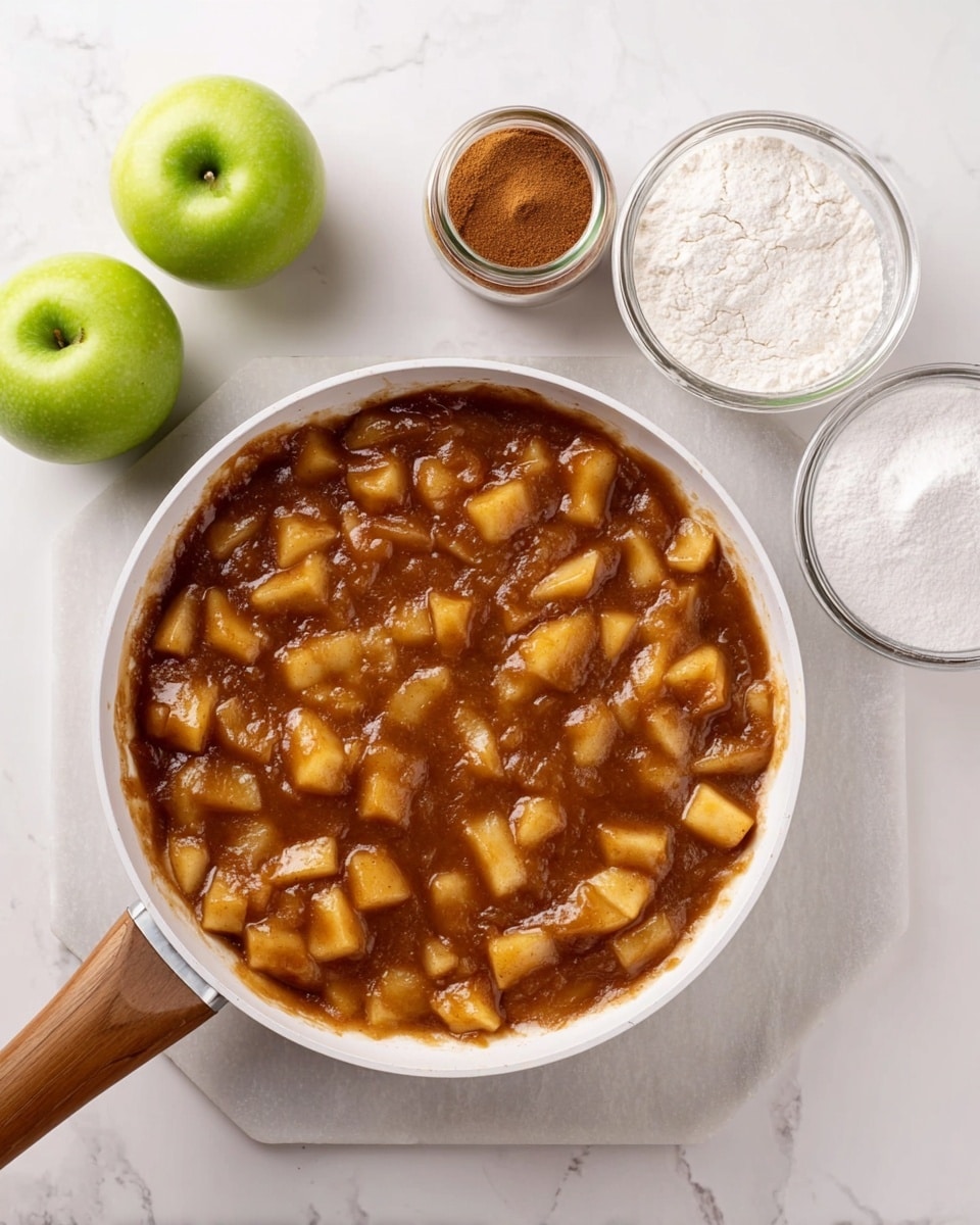 The image shows a white pan with a wooden handle filled with cooked apples in a thick, brown syrup, spread evenly across the pan, with small pieces of apple visible inside a rich sauce. Next to the pan, on a white marbled surface, there are two green apples on the upper left, a small jar with brown powder above the pan’s handle, and two clear glass jars filled with white sugar and flour on the right side. The overall setting looks clean and bright. photo taken with an iphone --ar 4:5 --v 7
