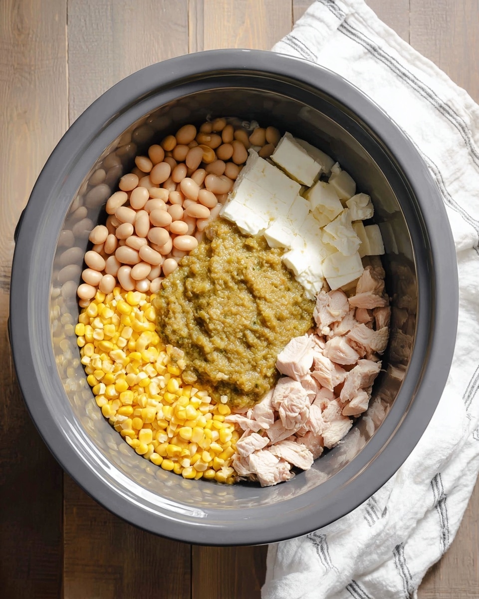 Inside a gray slow cooker, there are four main layers arranged separately: in the top left, beige beans with a smooth block of white cream cheese next to them; in the top right, bright yellow corn kernels; in the bottom right, diced pale pink chicken pieces; and in the center, a mound of thick green salsa covering part of the cream cheese and chicken. The slow cooker sits on a wooden floor with a white cloth with gray stripes nearby. Photo taken with an iphone --ar 4:5 --v 7