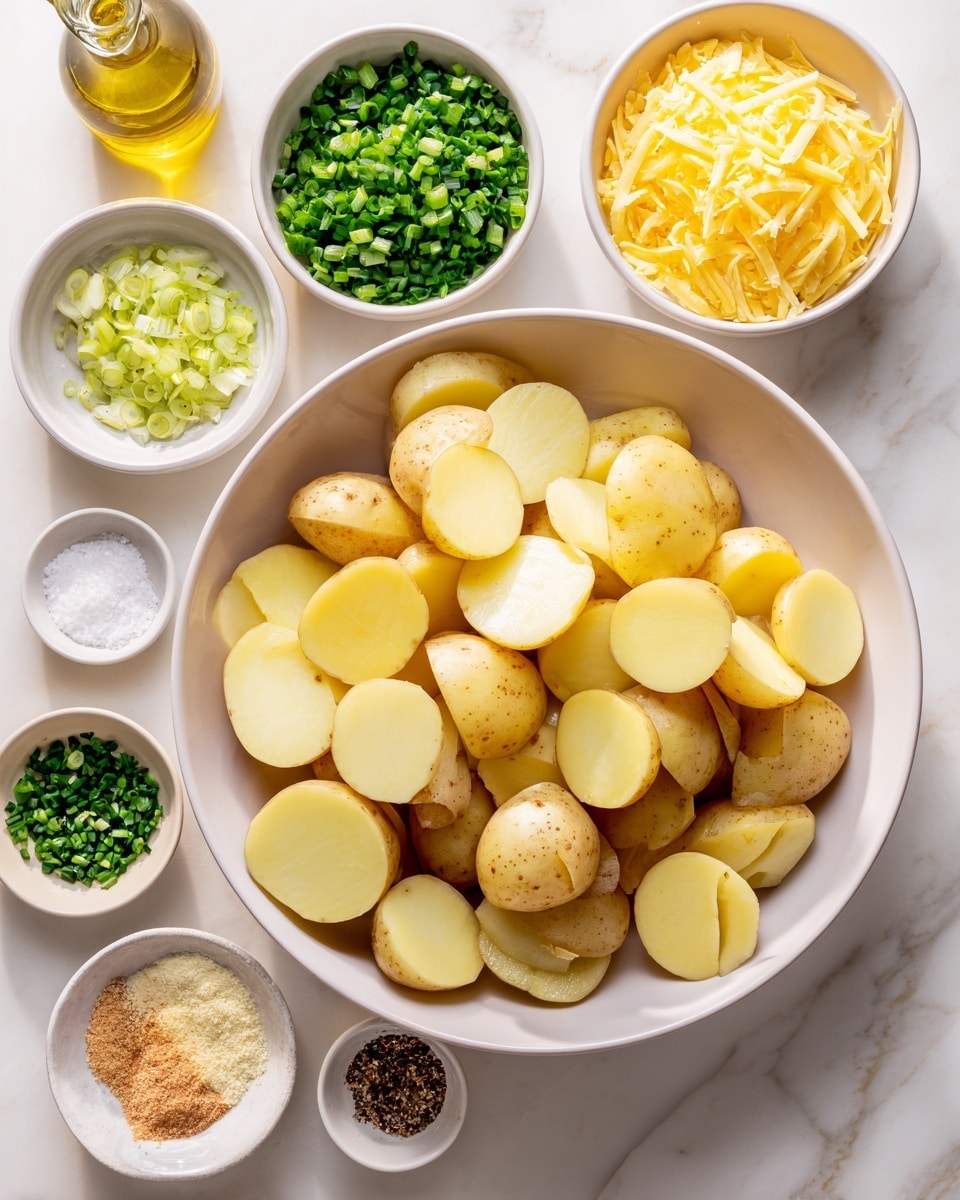 The image shows a large bowl filled with cut gold potatoes, light yellow inside with smooth skin, leaving some pieces whole and others halved, occupying the center. Surrounding this white bowl are smaller white bowls containing bright yellow shredded cheddar cheese, finely chopped green onions with vibrant green tones, a mix of light tan garlic and onion powder, a beige ranch seasoning with green flecks, finely grated pale parmesan cheese, diced dark green chives, and a mix of white salt and black pepper. There is also a clear glass bottle with golden olive oil near the top left. All bowls and the bottle rest on a white marbled surface with soft veins. photo taken with an iphone --ar 4:5 --v 7