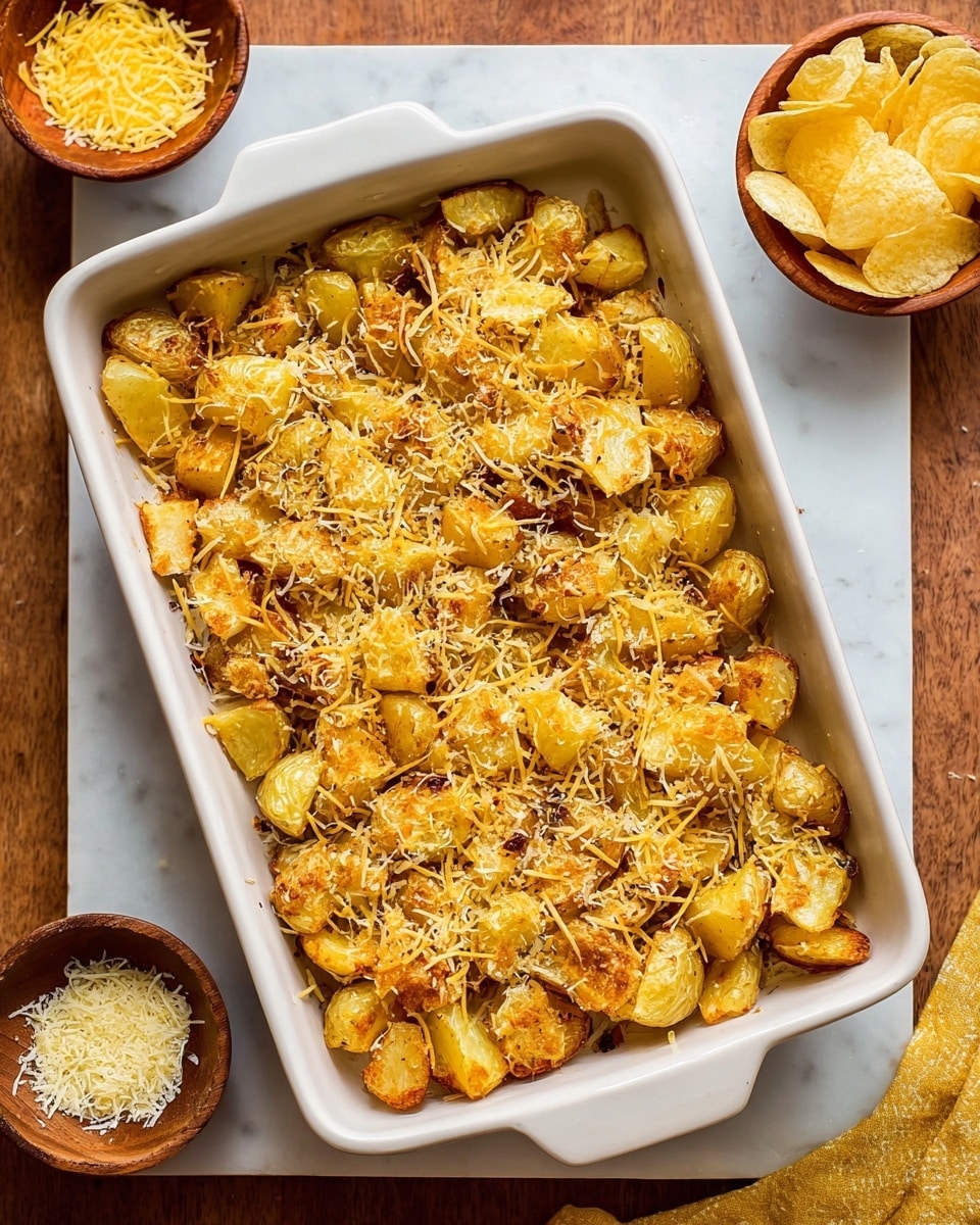 A white baking dish filled with golden brown roasted potato pieces as the base layer, some pieces showing crisp edges and a slightly rough texture. Scattered unevenly on top are thin strands of shredded light orange cheese, along with a fine dusting of pale yellow grated cheese evenly spread over the potatoes. The dish is set on a white marbled surface, with two small wooden bowls nearby—one filled with more grated cheese and the other with potato chips. Photo taken with an iphone --ar 4:5 --v 7