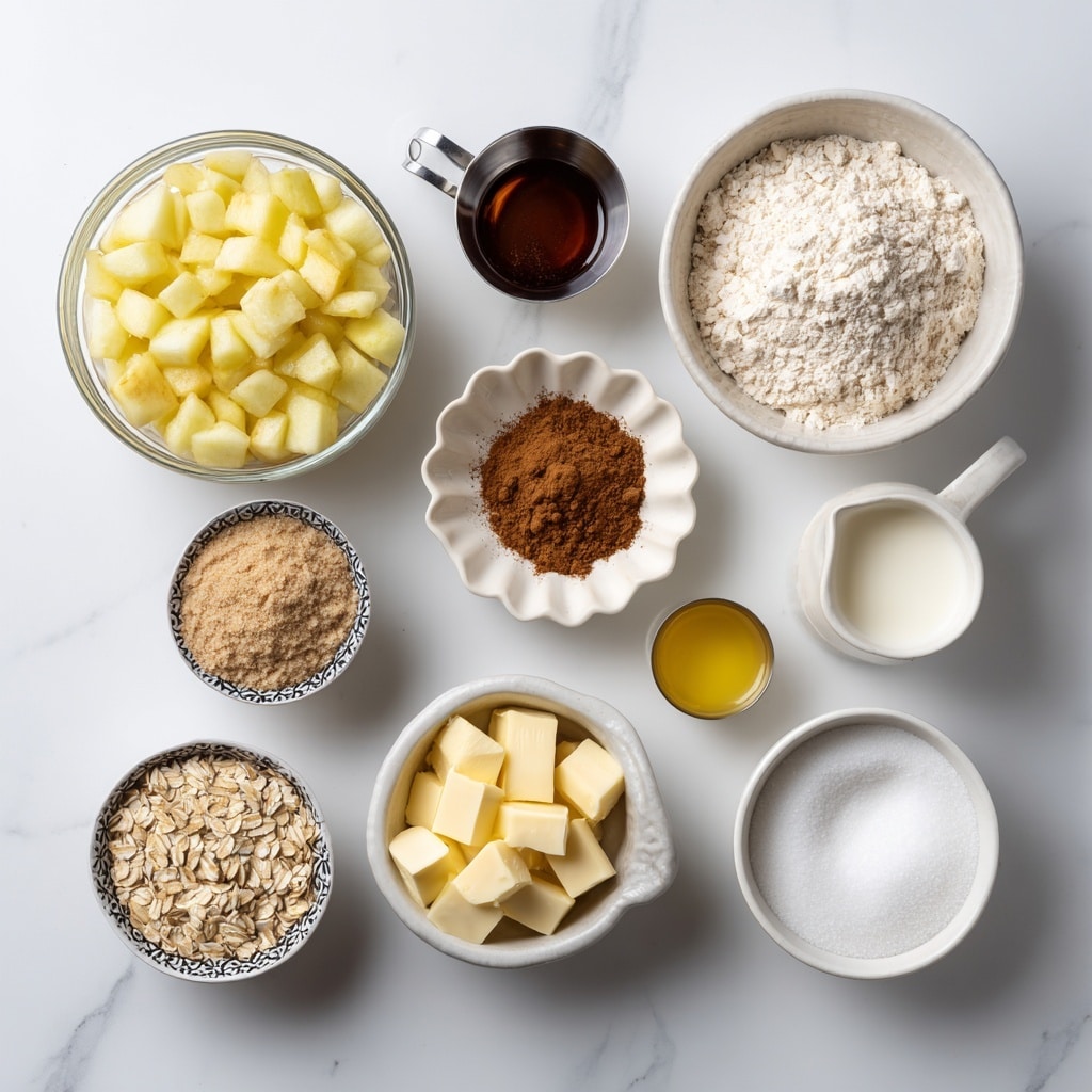 The image shows a white marbled surface with several small white bowls arranged neatly, each containing a single ingredient. From left to right, there is a large clear bowl full of chopped yellow apples, a white bowl with white gluten-free flour, a small scalloped white bowl with brown cinnamon powder, a small metal cup with dark vanilla liquid, a small white bowl with beige gluten-free quick oats, another small white bowl containing light yellow butter cubes, a tiny black and white patterned bowl with white baking powder, a white curved bowl with white milk, a tiny metal cup holding light yellow lemon juice, a little white bowl filled with light brown sugar, a small metal cup of golden melted butter, and a small white bowl with white salt. The setup is clean and organized. Photo taken with an iphone --ar 4:5 --v 7