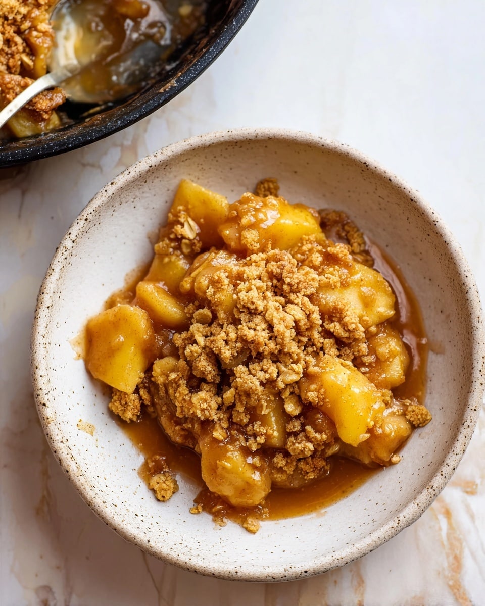 A white speckled bowl holds a dessert with two main layers: the bottom layer consists of soft, golden-yellow cooked apple chunks in a shiny caramel sauce, and the top layer is a rough, crumbly oat topping in light brown with a slightly toasted texture. The dessert looks warm and inviting with some sauce pooling around the apple pieces. The bowl sits on a white marbled surface, and to the left edge of the image, part of a dark skillet with more of the same dessert inside is visible. Photo taken with an iphone --ar 4:5 --v 7