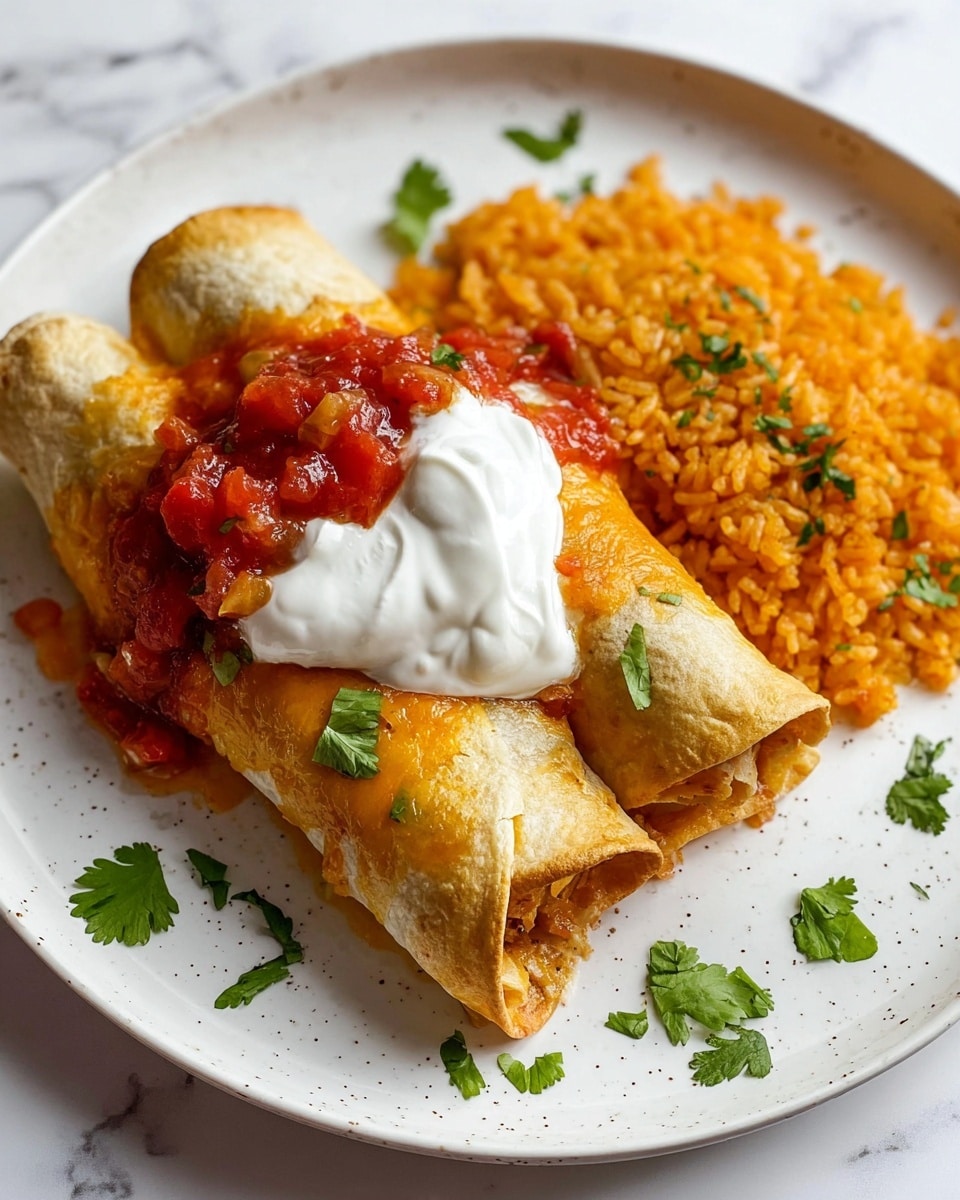 On a white plate with small speckles, there are two golden-brown rolled tacos placed side by side with a slightly crispy texture. On top of the tacos, there is a dollop of smooth white sour cream, covered partly by a generous spoonful of chunky, bright red salsa with visible bits of tomatoes and peppers. To the right side of the tacos, there is a serving of orange-yellow seasoned rice with some small green herb pieces sprinkled throughout. Around the plate, fresh green cilantro leaves are scattered, and the plate is set on a white marbled surface. photo taken with an iphone --ar 4:5 --v 7