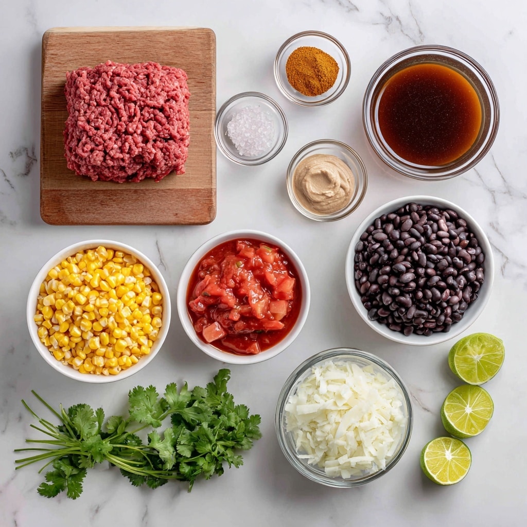 The image shows 12 ingredients arranged neatly on a white marbled surface. There is a block of red ground beef on a small brown cutting board in the top left. A dark glass bowl filled with deep brown beef stock sits at the top right. Nearby, a small glass bowl of orange-brown taco seasoning, a tiny glass bowl of light beige garlic paste, and a small glass bowl of white rice are visible. In the center, a white glass bowl holds chunky red diced tomatoes, and below it another white glass bowl contains smooth red tomato purée. Below and to the left, a white glass bowl is filled with yellow corn kernels, next to a small glass bowl of black beans. A tiny glass bowl of light pink salt sits near the center, and fresh green cilantro leaves lie in a small bunch toward the bottom center. Finally, a white glass bowl of finely chopped white onions is at the bottom right, accompanied by two lime wedges. photo taken with an iphone --ar 4:5 --v 7