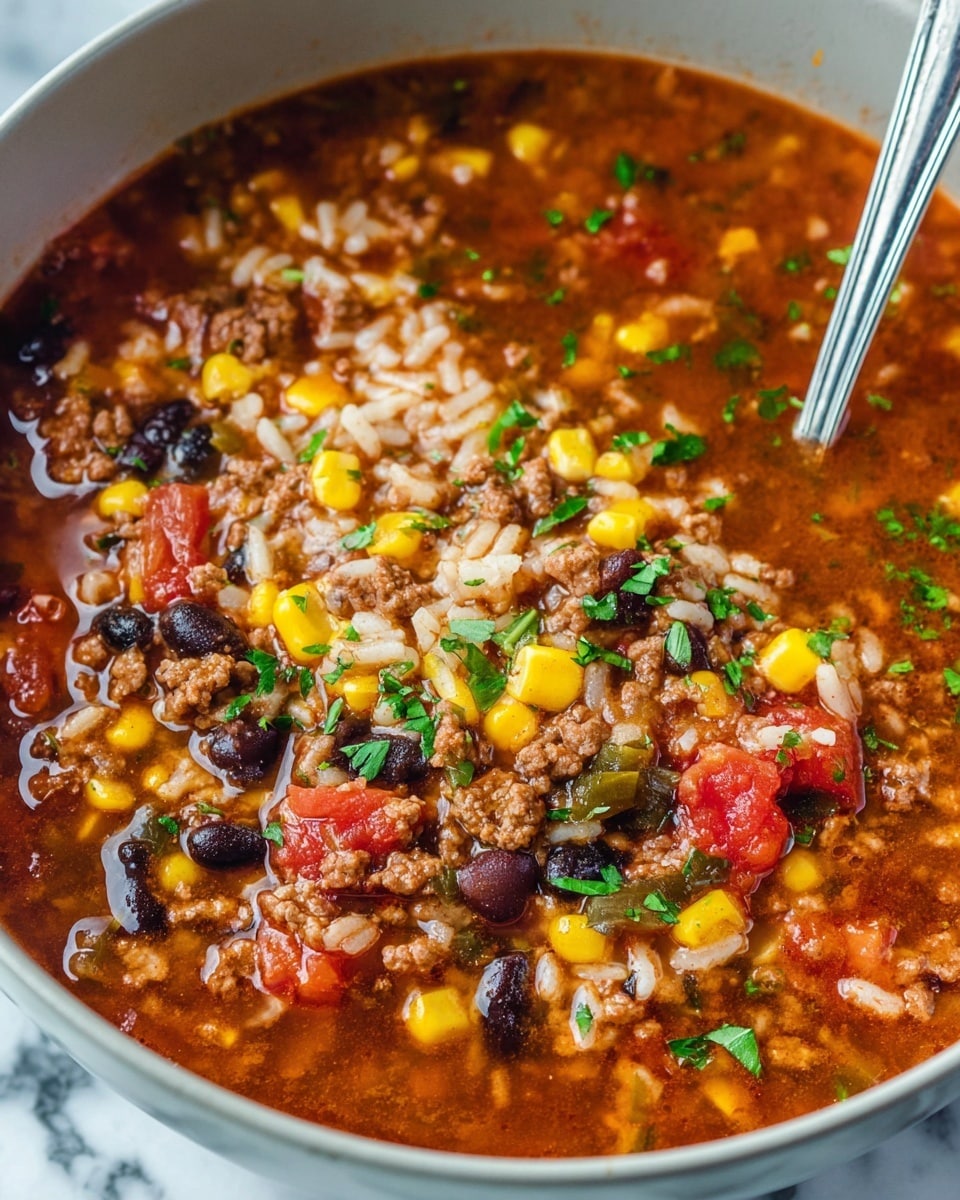 A white bowl filled with three main layers: a thick base of reddish-brown soup with ground meat, black beans, corn, rice, and small tomato pieces; topped with chopped green herbs evenly spread over the soup; and finished with a large dollop of white sour cream and bright orange shredded cheese piled on one side. A silver spoon is dipped into the soup near the cheese. Yellow corn tortilla chips surround the bowl on a white marbled surface. Photo taken with an iphone --ar 4:5 --v 7