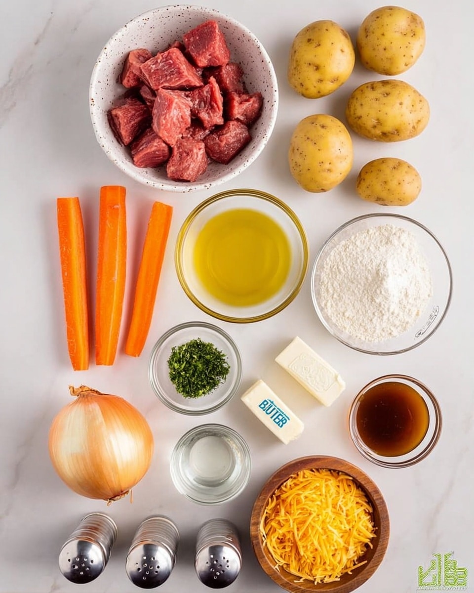 A white pot filled with a mixture of diced brown meat, orange carrot pieces, and white onion chunks, topped with a large pile of white flour in the center. A wooden spoon is partially stirring the contents and resting inside the pot. Around the pot are small white bowls containing shredded yellow cheese, green chopped chives, and a clear bowl with white sour cream. On the white marbled surface near the pot, there are six whole russet potatoes arranged casually. An orange and white patterned cloth is partially visible on the left side of the image. Photo taken with an iphone --ar 4:5 --v 7