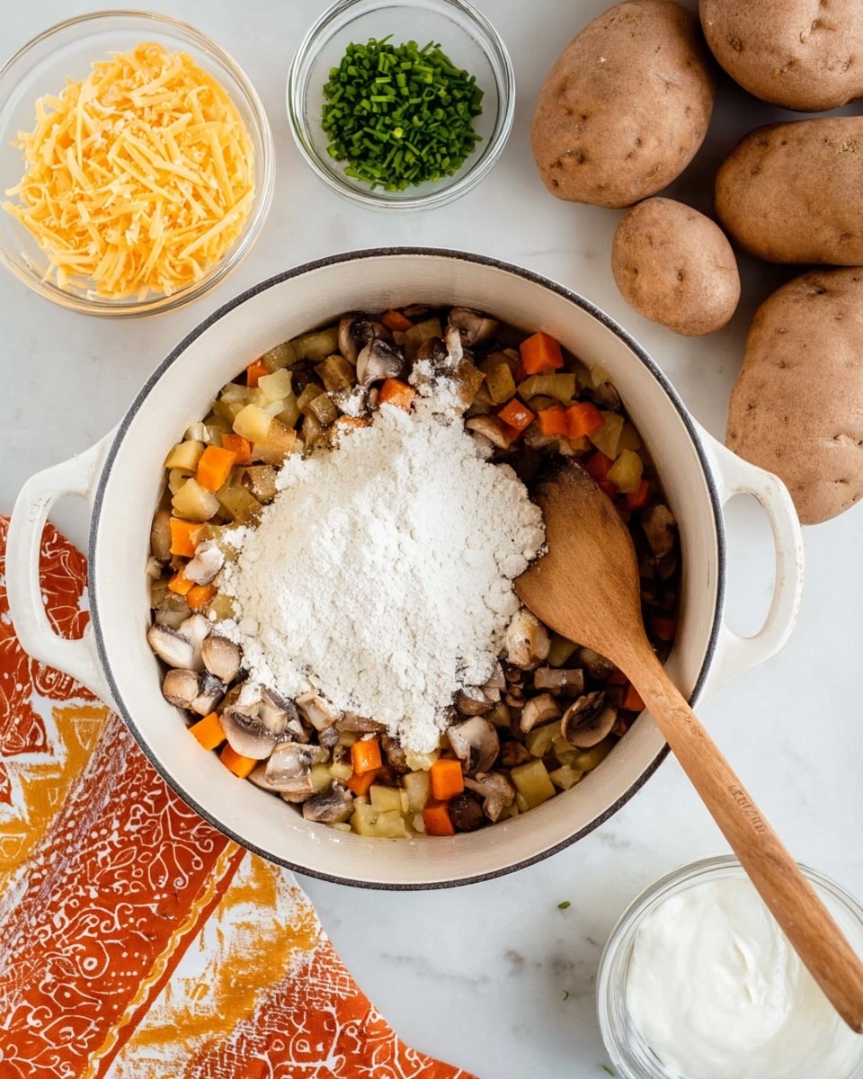 A top view of a speckled gray pot with two handles resting on a white marbled surface. Inside the pot, there are visible layers of white cauliflower rice spread around, with a heap of bright orange shredded cheese in the top center, a dollop of white sour cream near the bottom center, and a small pile of finely chopped dark green chives to the left of the cheese. Surrounding the pot are three small white bowls, one with chopped green chives, one with a white creamy substance, and one with some orange seasoning remnants. An orange and white patterned cloth is partially visible in the bottom left corner, and a metal slotted spoon is placed on the right side. Photo taken with an iphone --ar 4:5 --v 7