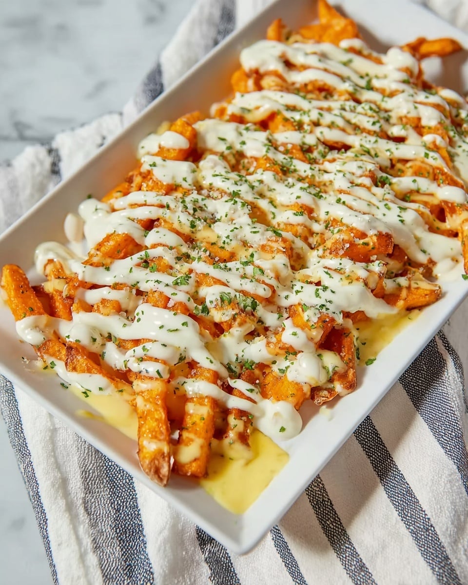A white rectangular plate is filled with a single layer of thick, orange-red fries that have a textured, crispy surface. These fries are topped with two sauces drizzled in thick, even lines—one is creamy white and the other is a pale yellow with a smooth texture. Specks of finely chopped green herbs are scattered evenly on top, adding a fresh contrast. The plate sits on a white marbled surface with a striped cloth partly visible under it. photo taken with an iphone --ar 4:5 --v 7