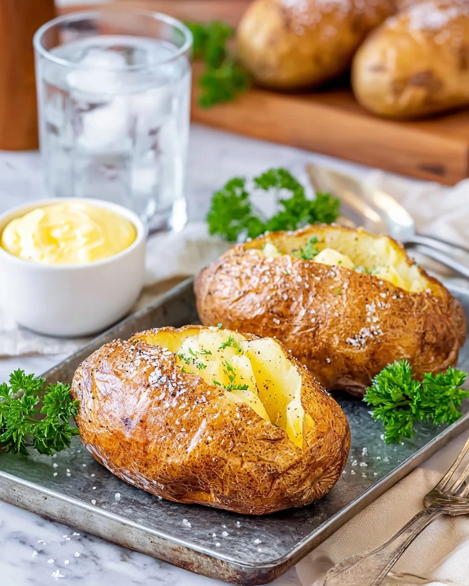 The image shows two baked potatoes on a metal tray, both with crispy brown skins sprinkled with coarse salt. Each potato is sliced open in the middle, revealing soft, fluffy, pale yellow insides seasoned with black pepper. Bright green parsley sprigs are placed near the potatoes for garnish. Behind the tray, there is a clear glass of water filled with ice and a small white bowl of smooth yellow butter on a white marbled surface. A silver fork lies near the potatoes. In the blurred background, there are more baked potatoes on a wooden cutting board. photo taken with an iphone --ar 4:5 --v 7