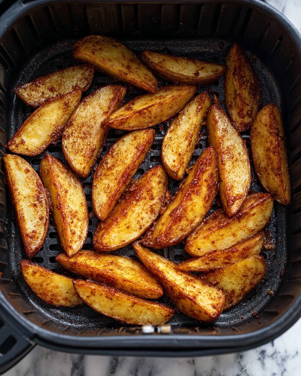 The image shows a black air fryer basket filled with about three layers of golden brown potato wedges. The wedges have a crisp texture with visible dark seasoning spread unevenly on each piece, especially around the edges. The potatoes have a warm yellow color inside with a reddish-brown skin. The air fryer basket’s dark grid-like surface contrasts with the shiny, cooked potatoes. The background is a white marbled texture. Photo taken with an iphone --ar 4:5 --v 7