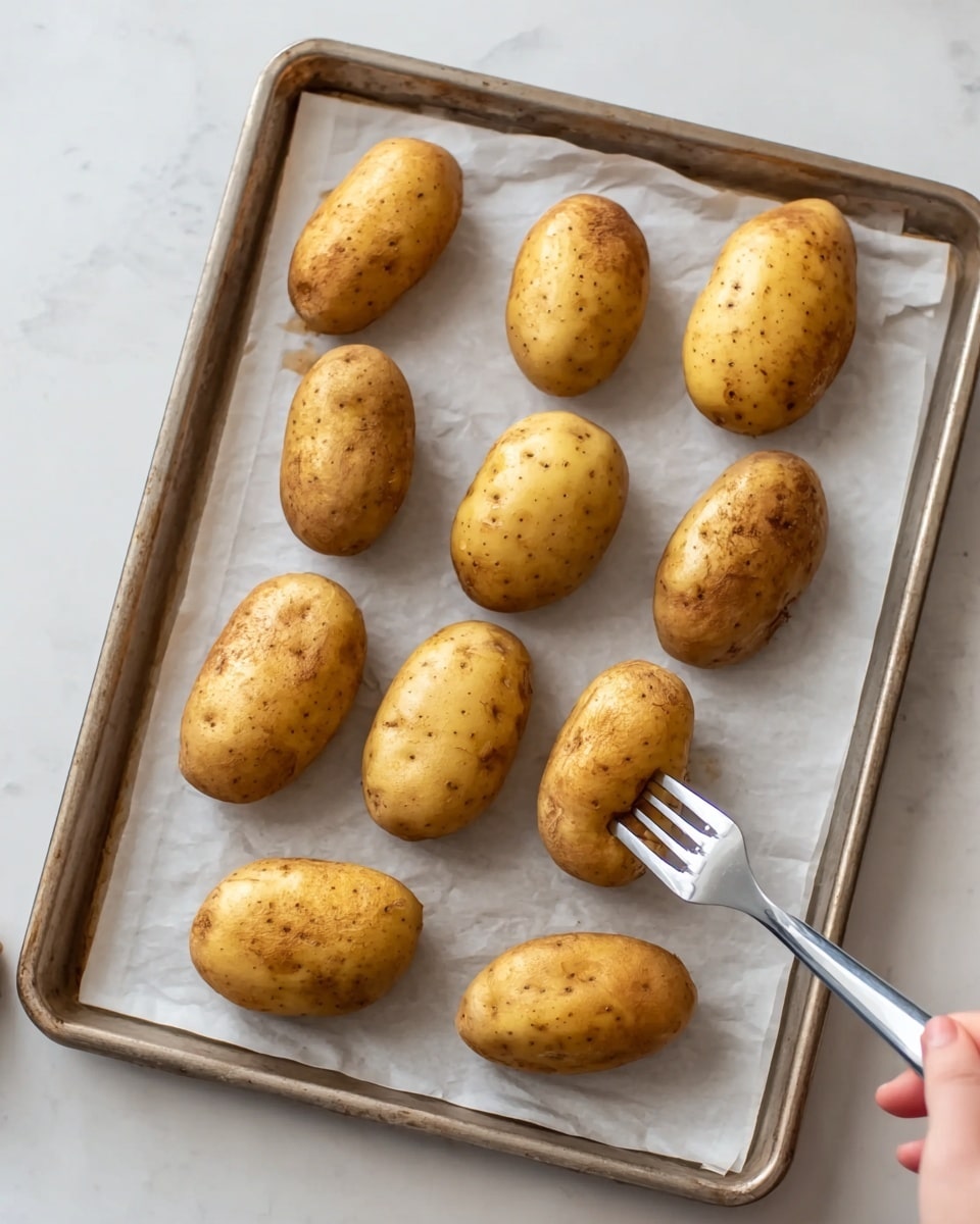 The image shows a baking tray lined with white parchment paper on a white marbled surface. There are twelve whole, unpeeled potatoes placed evenly on the tray, each with a yellow-brown skin and some small dark spots. A metal fork is poking into one potato towards the lower middle right of the tray, with the fork held by a woman's hand barely visible at the edge of the image. The potatoes vary slightly in size but have a similar oval shape. Photo taken with an iphone --ar 4:5 --v 7