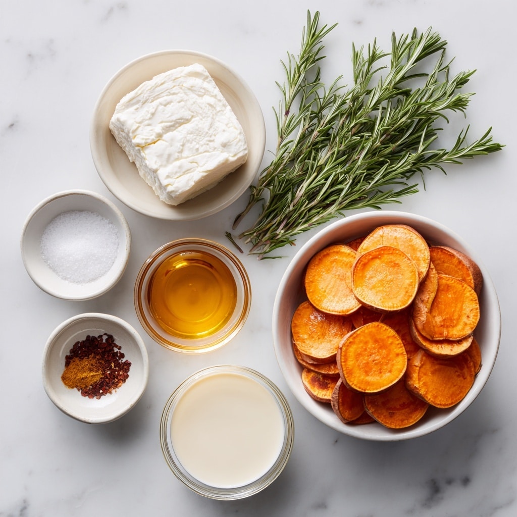 The image shows an overhead view of six small white bowls and a small bunch of fresh rosemary arranged on a white marbled surface. One large white bowl at the top right is filled with bright orange sweet potato slices that are round and thin. Below and to the left of this bowl is a medium white bowl with a smooth white log of goat cheese. Above the goat cheese is a small white bowl with white salt crystals. To the right of the goat cheese is a small white bowl with golden honey, and below the honey is a small clear glass bowl with reddish brown spices. On the far right near the bottom is a small clear glass bowl filled with creamy almond milk. The rosemary sprigs are placed above the goat cheese and beside the salt bowl. All ingredients are neatly arranged on the white marbled surface, creating a clean and organized look. Photo taken with an iphone --ar 4:5 --v 7