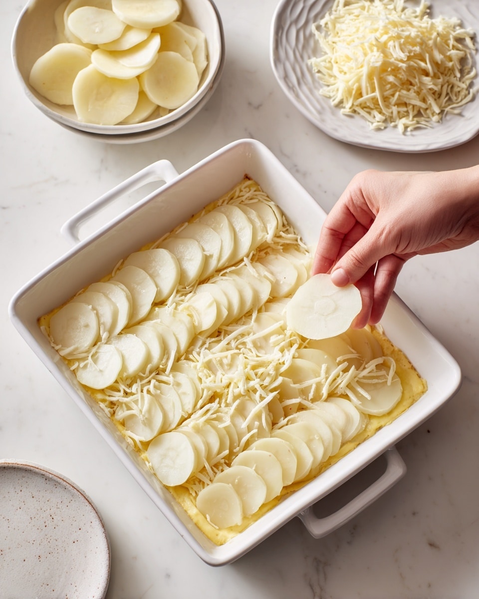 The image shows a stack of thinly sliced potatoes laid flat on a white marbled surface, each slice pale yellow with hints of potato skin on the edges. Behind the slices, there are whole potatoes with light brown skin and small dark spots, resting softly on a crumpled paper surface. The focus is on the smooth, translucent look of the sliced potatoes in the front, while the whole potatoes in the background are slightly blurred. The soft light highlights the texture and thinness of each slice, creating a simple and fresh appearance photo taken with an iphone --ar 4:5 --v 7