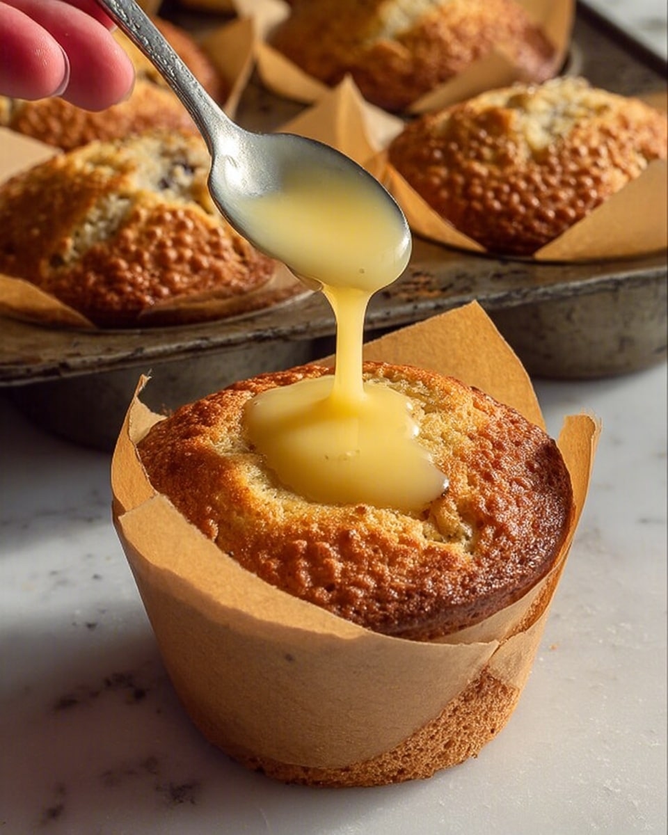 A close-up view of a golden-brown muffin in a light brown parchment paper liner with a textured, bumpy top that has a well in the center filled with a thick, pale yellow sauce being gently poured from a metal spoon held by a woman's hand. Around the muffin, similar muffins in the same liners are visible inside a slightly worn metal baking tray, all positioned on a white marbled surface. The scene captures a warm, cozy baking moment with natural light highlighting the textures and colors. photo taken with an iphone --ar 4:5 --v 7