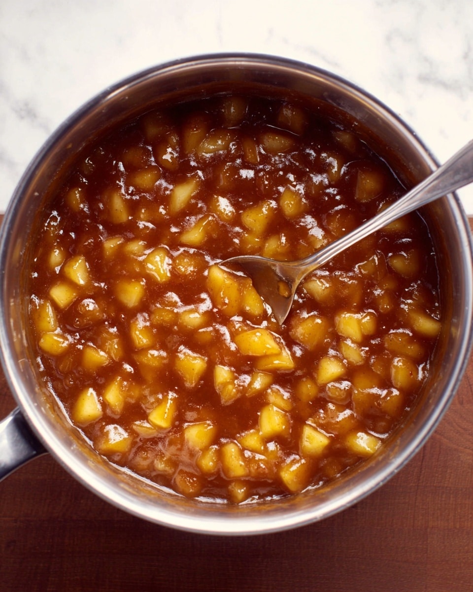 The image shows four small taco-shaped desserts placed on brown paper over a blue fabric, with a green apple in the background. Each dessert has two main layers: a golden-brown, crispy taco shell dusted with cinnamon sugar on the outside, and a creamy, light-colored layer inside at the base. On top of the creamy layer, there is a generous pile of glossy, cooked apple pieces in a cinnamon sauce, giving a shiny, golden look. The apple pieces are small and soft, filling the taco shells well. The scene has some scattered cinnamon sugar around the desserts and the background has a soft focus. photo taken with an iphone --ar 4:5 --v 7