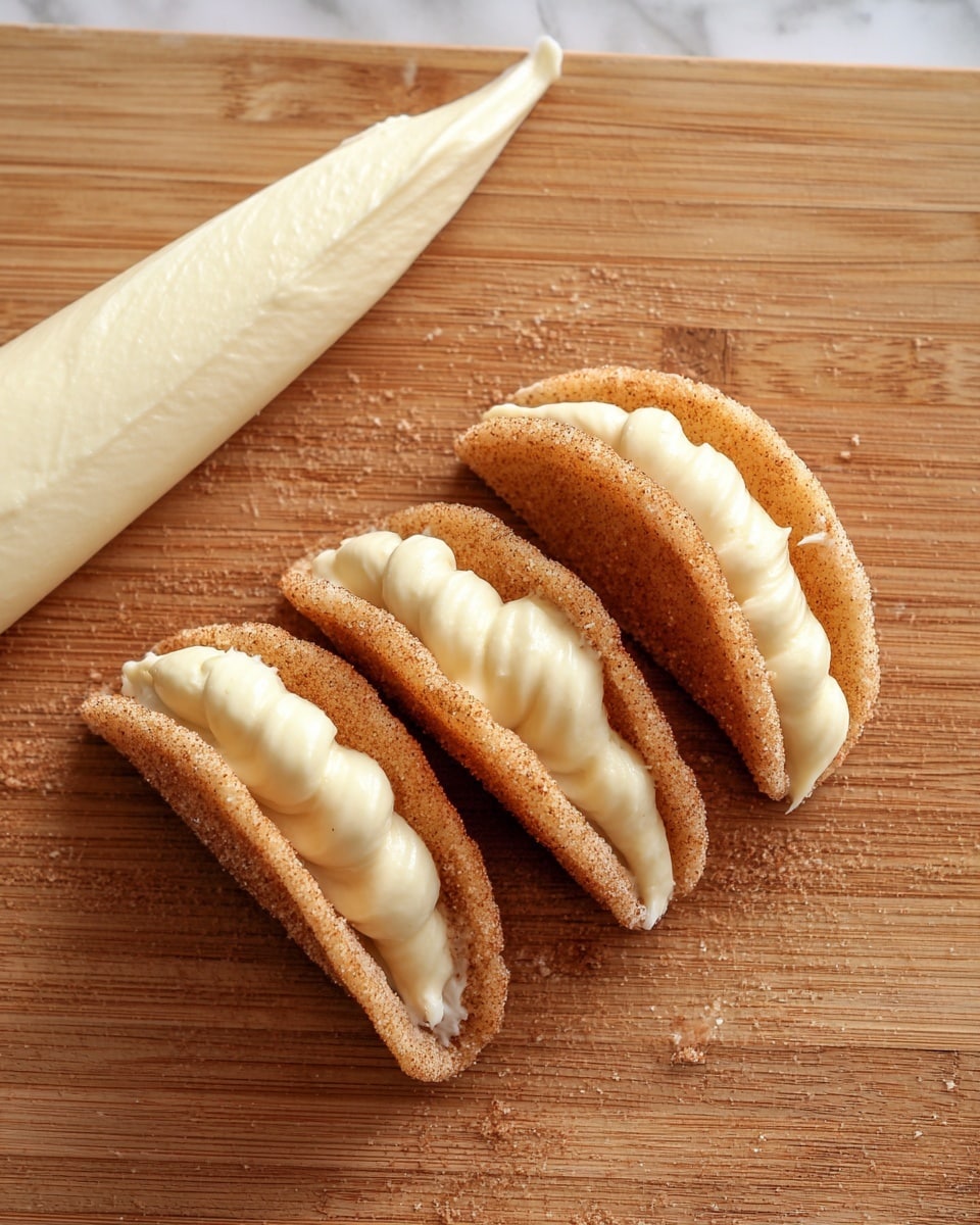 Three small taco-shaped shells with a rough, cinnamon-sugar coating form the base layer, each shell light brown and curved. Inside each shell, there is a thick, creamy pale yellow filling that is smoothly piped, showing soft texture and slight waves. To the left side of the image, there is a white piping bag filled with the same pale yellow creamy filling, resting on a wooden surface. The background is a white marbled texture. photo taken with an iphone --ar 4:5 --v 7