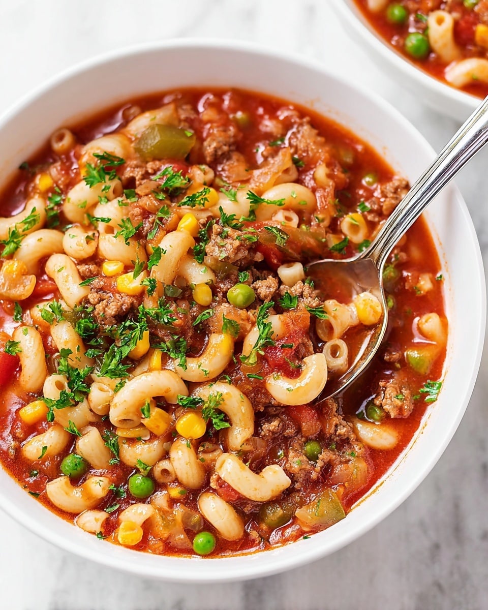 A white bowl filled with a hearty soup showing three main layers: the bottom layer of rich red tomato broth, the middle layer of macaroni pasta in pale beige, yellow corn kernels, green peas, and small chunks of brown cooked meat, and the top layer sprinkled with fresh light green chopped parsley. A spoon is partially inside the bowl, scooping up some pasta and vegetables. The bowl sits on a white marbled surface. Photo taken with an iphone --ar 4:5 --v 7