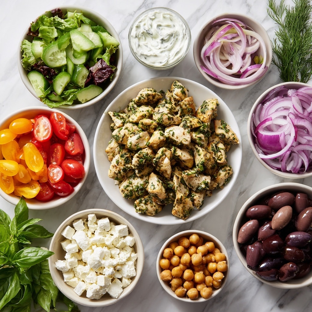 The image shows several small white bowls arranged on a white marbled surface, each containing a fresh ingredient for a meal. In the center is a white plate filled with herb-seasoned small pieces of cooked garlic chicken, with a light golden color and visible green herbs. Surrounding it are bowls with bright green mixed leafy greens, chunky green cucumber pieces, chopped orange bell pepper, roasted brown chickpeas, and crumbled white feta cheese. Other bowls include thinly sliced purple-red onions, halved red cherry tomatoes, creamy white tzatziki sauce garnished with green dill, and dark purple-brown kalamata olives. Fresh green basil leaves are placed on the marbled surface near the bowls. The overall look is colorful and fresh, placed neatly for a meal or salad preparation. photo taken with an iphone --ar 4:5 --v 7