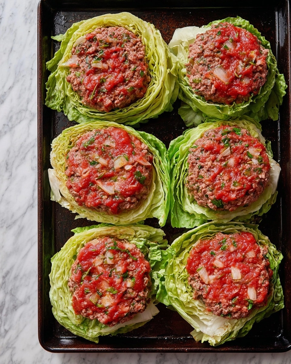Five round layered patties are arranged on a dark baking tray placed on a white marbled surface. Each patty has three visible layers: the bottom layer is light green cabbage leaves forming a leafy base, the middle layer is a bright red tomato sauce spread thinly, and the top layer is a raw ground meat mixture dotted with bits of green herbs and small white pieces, giving it a chunky texture. The cabbage leaves curl slightly at the edges, and the meat appears mixed with seasoning. Photo taken with an iphone --ar 4:5 --v 7