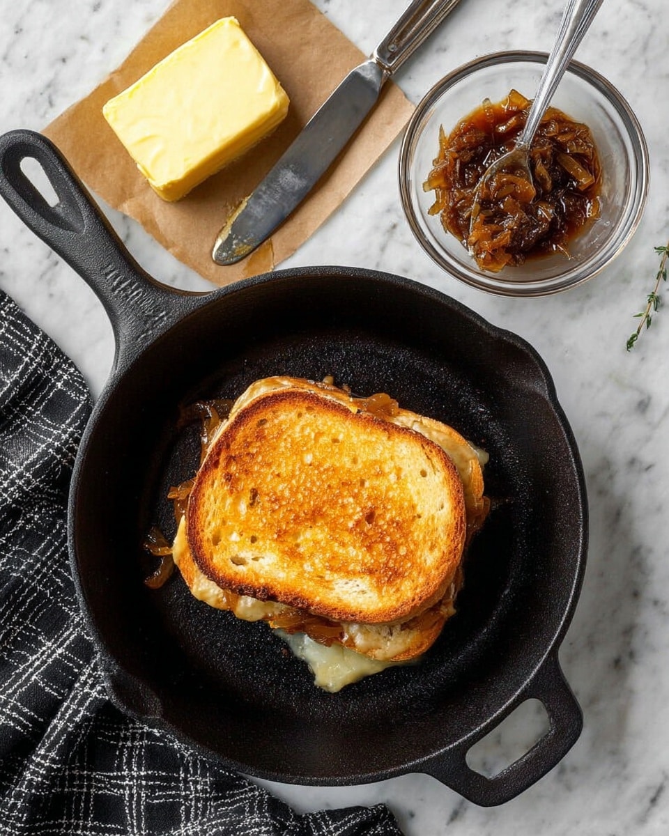 A toasted sandwich with a golden brown top layer that shows a crispy texture sits in a black cast iron skillet. Between the two layers of bread, melted cheese and caramelized onions peek out slightly, adding a soft, textured layer under the toast’s crust. Above the skillet, a square block of yellow butter on brown paper with a silver butter knife rests, and to the right, a small clear round bowl filled with glossy, dark caramelized onions features a spoon inside. The scene is set on a white marbled surface with a black and white checkered cloth partially visible on the bottom left. photo taken with an iphone --ar 4:5 --v 7