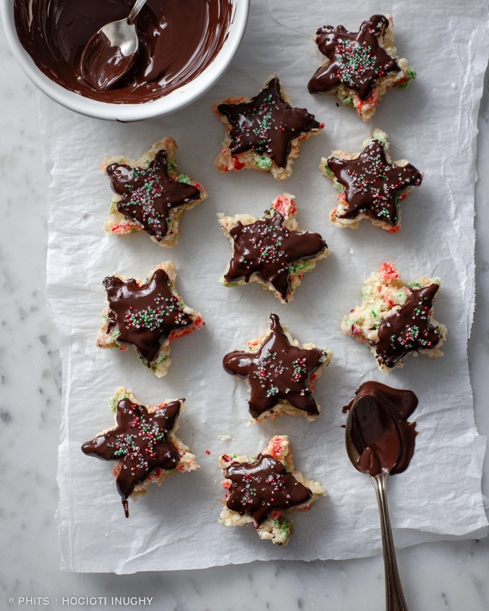 The image shows eleven star-shaped treats laid on white parchment paper over a white marbled surface. Each star has two layers: the bottom layer is a light, crispy texture with colorful red and green bits, and the top layer is a shiny, dark chocolate coating that covers most of each star unevenly, dripping slightly at the edges. A bowl filled with melted chocolate sits in the top left corner, and a spoon holding some chocolate rests at the bottom right, with a small smear of chocolate next to it. The overall look is neat but with a casual, homemade feel. photo taken with an iphone --ar 4:5 --v 7