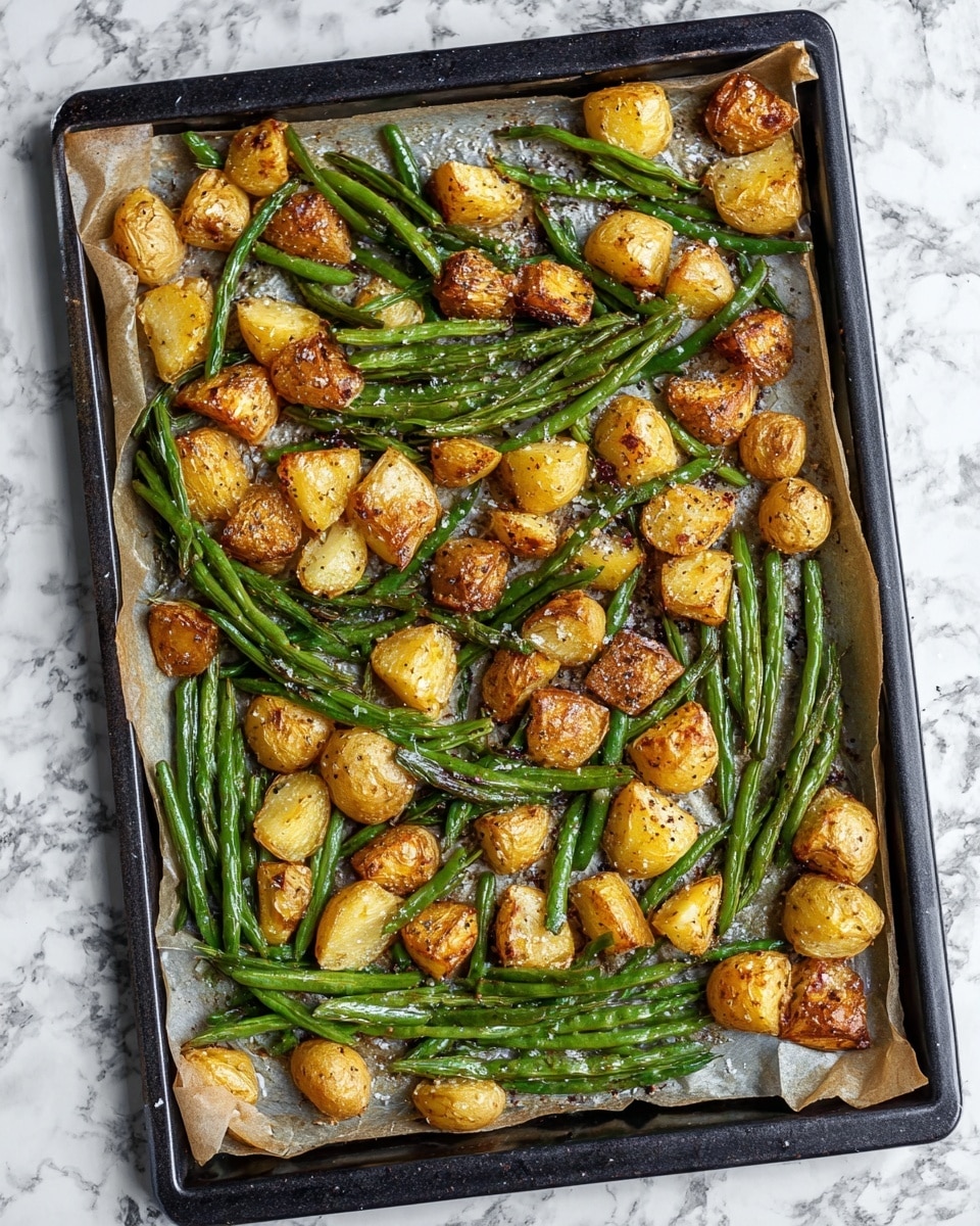 The image shows a baking tray lined with parchment paper, filled with roasted vegetables spread out evenly. There are many small golden-brown potato pieces, each with a slightly crispy skin and soft interior visible. Alongside the potatoes are plenty of green beans, which are bright green with a bit of wrinkled texture from roasting. The vegetables are sprinkled with coarse sea salt and black pepper, giving a seasoned appearance. The tray itself is dark and rectangular, placed on a white marbled surface. Photo taken with an iphone --ar 4:5 --v 7
