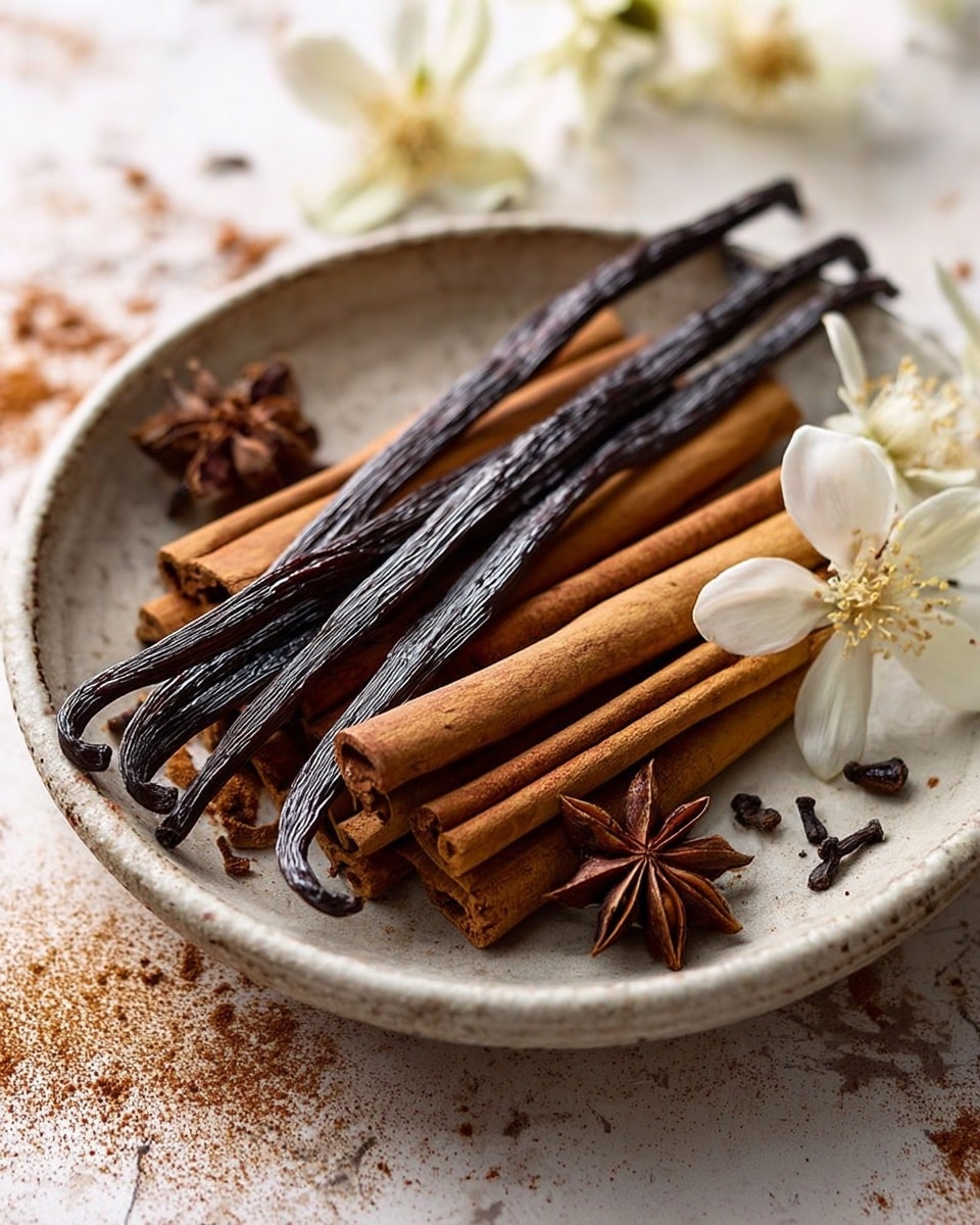 The image shows a white plate holding several cinnamon sticks which are brown and rough in texture, along with a few dark brown vanilla pods that have a wrinkled surface, placed on top and across the cinnamon sticks. There are also star anise with a reddish-brown color and pointed shape, and some dark brown whole cloves scattered around, dusted lightly with brown cinnamon powder spread unevenly on the plate. Around the plate, there are white flowers with pink centers, and the scene is set on a white marbled surface. Photo taken with an iphone --ar 4:5 --v 7