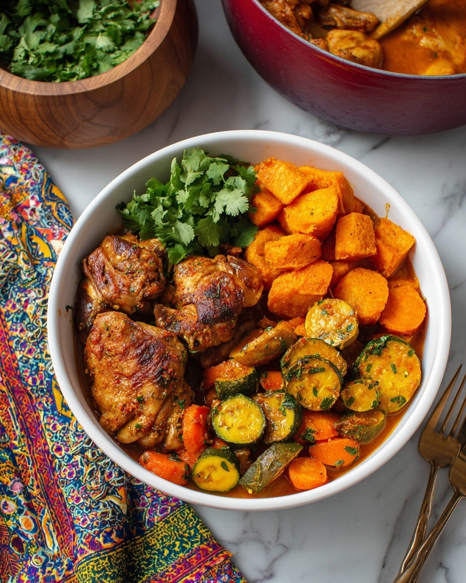 A white bowl holds a colorful dish with three main parts: golden-yellow fried potato cubes piled on one side, followed by two pieces of cooked chicken with a reddish-brown spicy sauce, and a mix of cooked carrot slices and zucchini pieces in the same sauce. Fresh green cilantro leaves rest beside the chicken, adding a fresh touch. The bowl sits on a white marbled surface, next to a patterned cloth napkin with bright colors and a fork and knife. In the background, there is a wooden bowl with fresh cilantro and a red pot with more of the cooked chicken and vegetables. Photo taken with an iphone --ar 4:5 --v 7