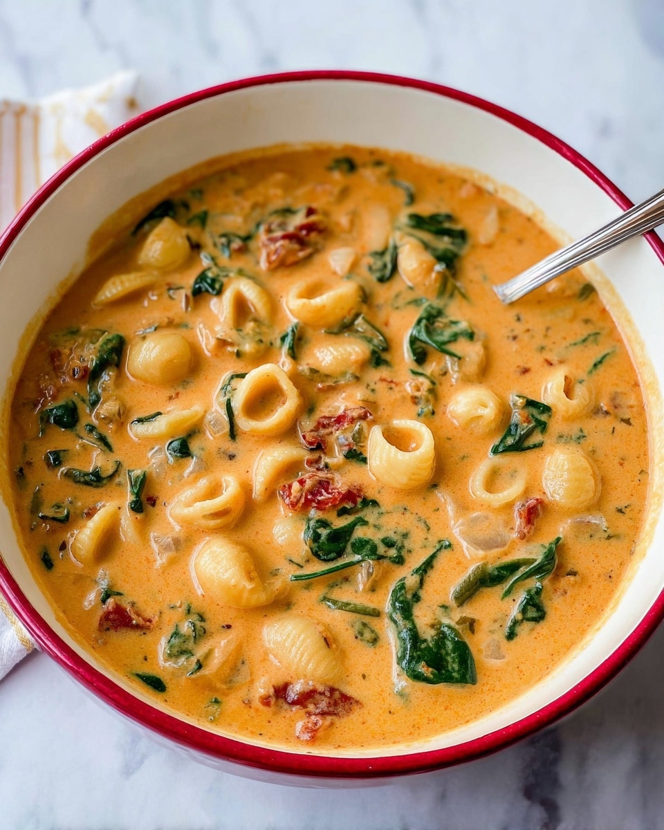 A white bowl with a red outer edge holds a rich, creamy orange soup filled with three main visible layers: small pasta shells, green leafy spinach pieces, and small bits of red sun-dried tomatoes, all mixed evenly throughout the thick soup base. The soup looks smooth and slightly speckled with herbs, and the white bowl is placed on a white marbled surface. photo taken with an iphone --ar 4:5 --v 7