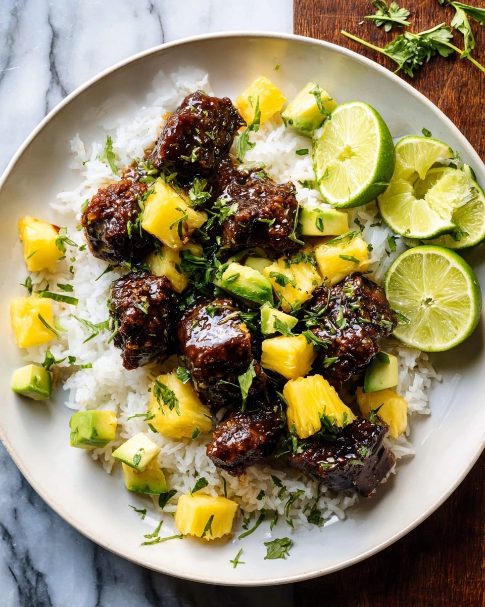On a white plate placed on a white marbled surface, there is a layer of white rice as the base. On top of the rice, there are several pieces of dark brown glazed meat with a shiny texture. Scattered around and on top of the meat are small bright yellow pineapple chunks and light green avocado cubes, adding pops of color. Fresh green herbs are placed as garnish on the dish, and three lime wedges rest on the side of the plate. The overall look is fresh and colorful with a mix of soft and glazed textures. photo taken with an iphone --ar 4:5 --v 7