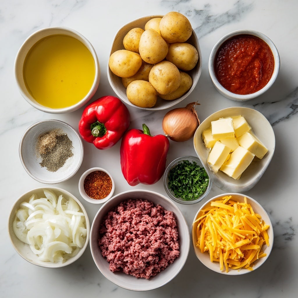 The image shows a close-up of a large round white pot filled with a cooked dish of browned ground meat mixed with chunky yellow potatoes. The potatoes are cut into irregular wedges and chunks, some with browned edges, and sprinkled with small bits of red peppers and green herbs. A wooden spoon covered in the meat and potato mixture rests inside the pot, angled diagonally from top right to bottom left. The background has a white marbled texture. photo taken with an iphone --ar 4:5 --v 7