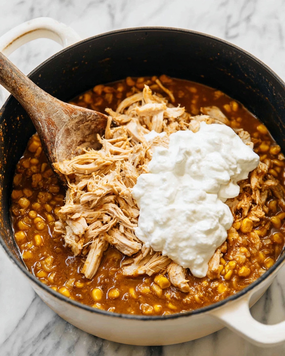 A round pot filled with three visible layers of food sits on a white marbled surface: the bottom layer is a rich brown sauce with some texture, the middle layer is mixed yellow corn, and the top layer is shredded light beige chicken. On top of the chicken is a big dollop of white sour cream or cream, adding softness to the scene. A wooden spoon with a worn handle sticks out from the left side of the pot, partially resting in the food showing a mix of textures and colors. The pot itself is white on the outside and black inside with handles on each side. Photo taken with an iphone --ar 4:5 --v 7