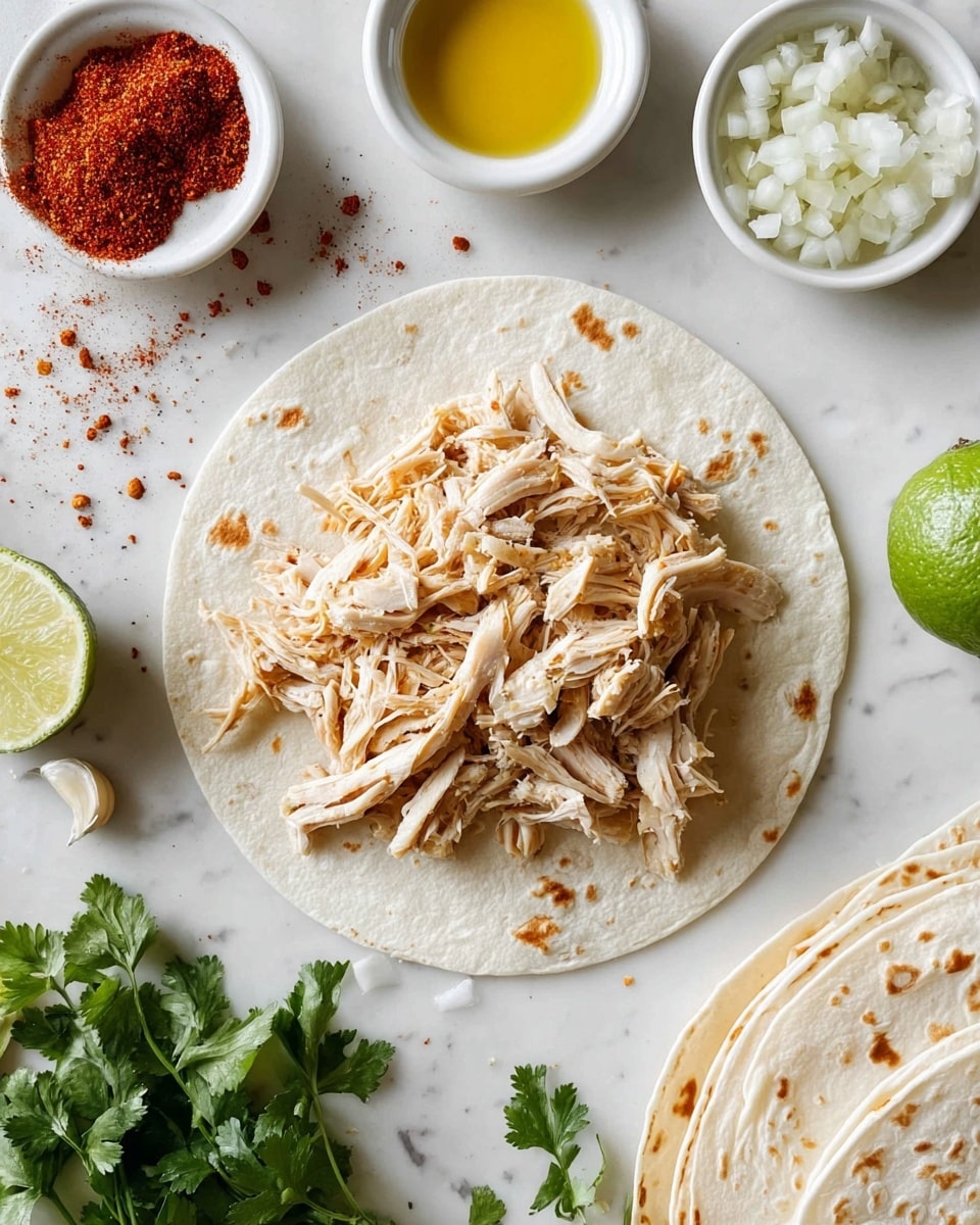 A white tortilla lies flat in the center, topped with a generous layer of shredded light beige chicken that looks tender and slightly moist. Around the tortilla, on a white marbled surface, there are small white bowls containing yellowish oil, bright red powdered spice, and white diced onions with green bits. Nearby, there is a halved lime with a fresh green and yellow interior, a few garlic cloves, and fresh green cilantro leaves scattered on the surface. To the right, folded white tortillas with light brown spots are stacked neatly. The photo has a bright and clean look, photo taken with an iphone --ar 4:5 --v 7