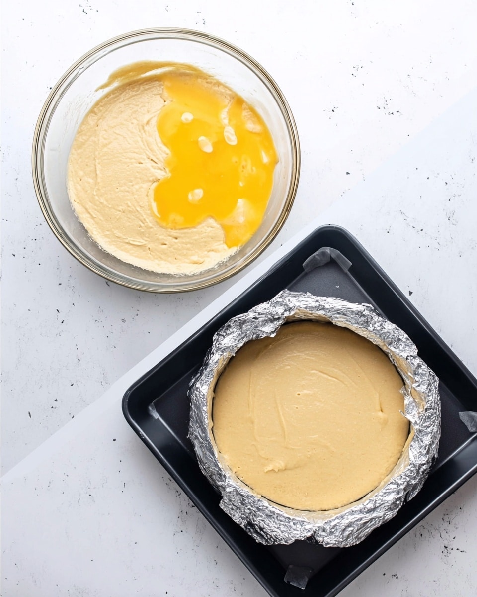The image shows two side-by-side photos of a cooking process on a white marbled surface. On the left, a clear glass bowl contains a mixture with one layer of thick light beige batter at the bottom and a second layer on top of cracked bright yellow eggs, some of the eggs beginning to blend with the batter beneath. On the right, a round baking pan lined with foil, placed in a black baking tray, holds a single smooth pale beige mixture filling the pan evenly. The foil wraps around the edge of the pan with small tape pieces holding it in place. Photo taken with an iphone --ar 4:5 --v 7