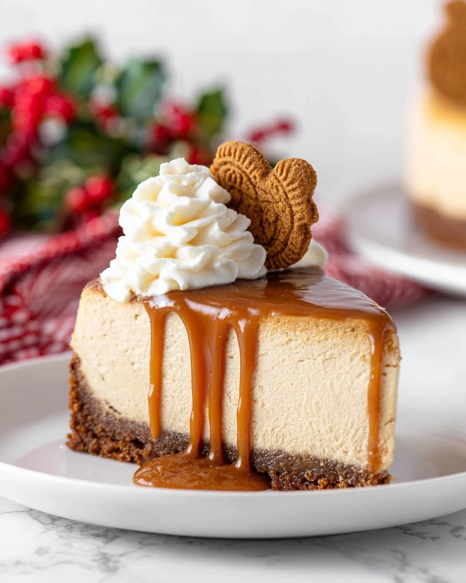 A round cheesecake sits on a white plate with a slightly raised edge. The cake has two distinct layers: a thick, darker brown crust at the bottom and a thicker light brown creamy layer on top. Around the edge on top of the cake, there are swirls of white whipped cream evenly spaced. Each swirl holds a small ginger cookie leaning against it, decorated with white icing dots. The setting is on a white marbled surface with a simple white tiled wall in the background. One broken ginger cookie piece lies on the surface near the plate. Photo taken with an iphone --ar 4:5 --v 7