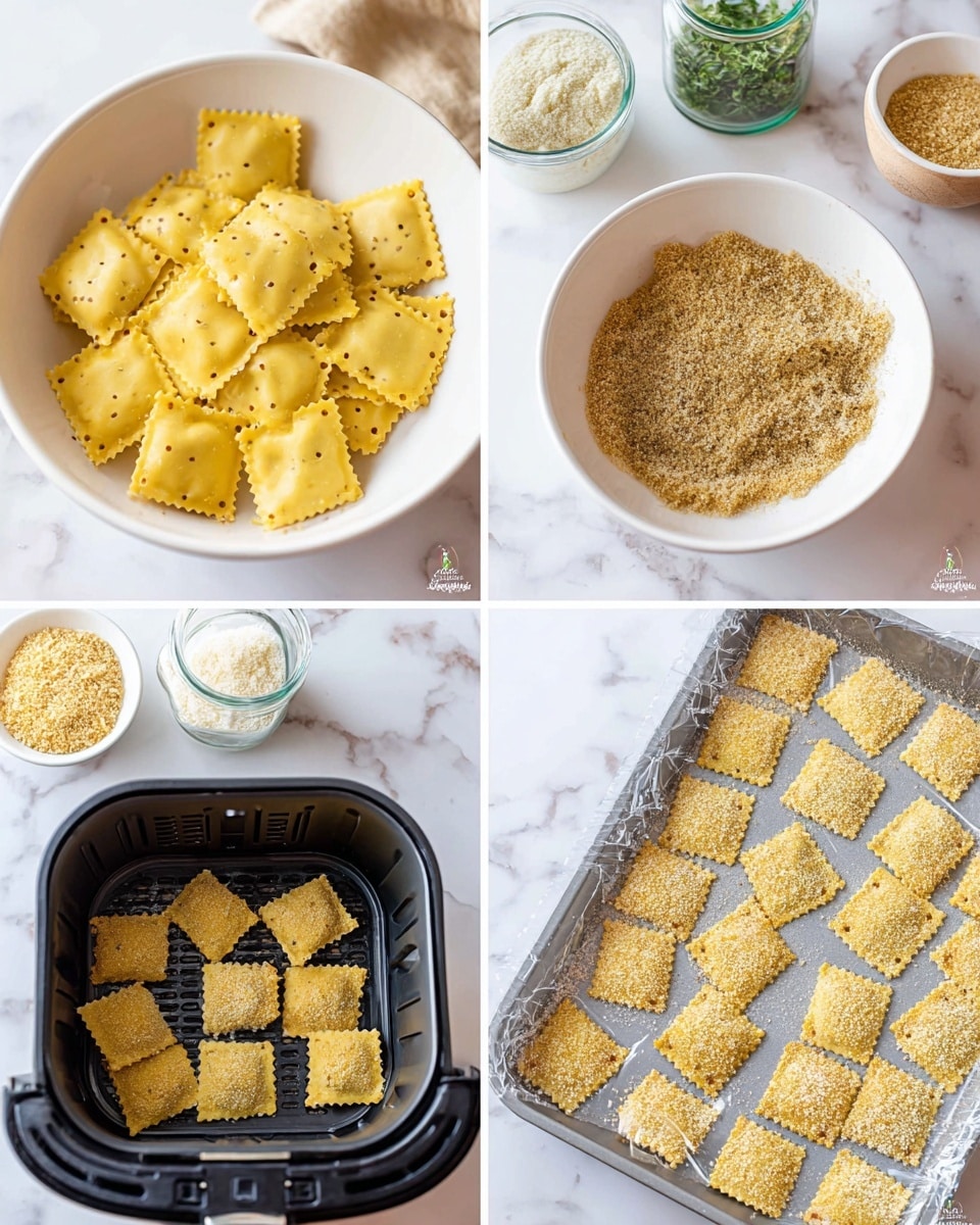 The image shows four steps of making breaded ravioli. The first step is a white bowl full of uncooked yellow ravioli with small holes around the edges, sitting on a white marbled surface next to a small bowl of breadcrumbs and a green glass jar with herbs. The second step shows ravioli being coated in light brown, crumbly breadcrumb mixture inside a white bowl. The third step is a baking tray lined with clear plastic where the breaded ravioli are spread out evenly, showing their crumb-coated texture on a white marbled surface. The fourth step shows a black air fryer basket with breaded ravioli inside, ready to cook, with the tray and bowls in the background on the white marbled surface, photo taken with an iphone --ar 4:5 --v 7