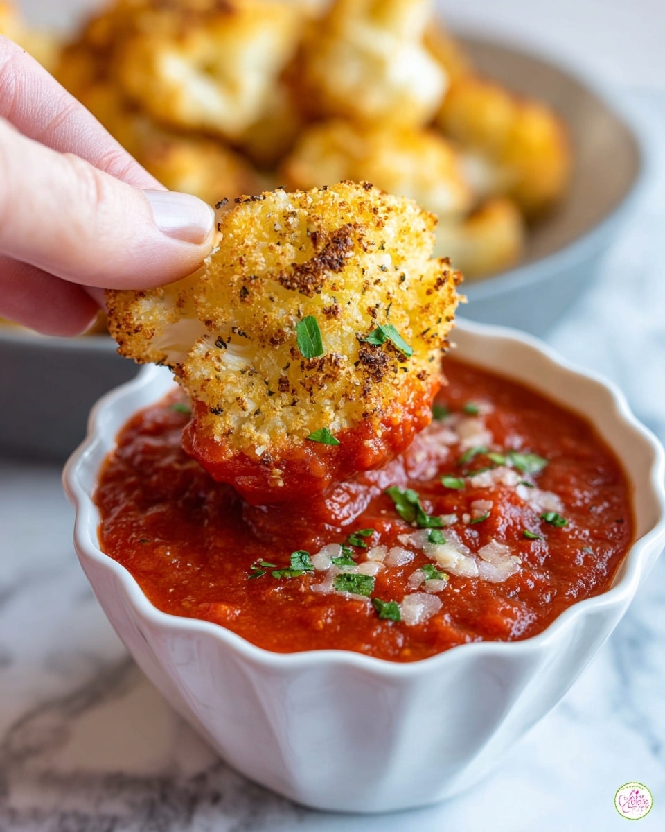 A wooden board holds a pile of golden brown ravioli with a crispy, seasoned coating sprinkled with black pepper and small green herb pieces. The ravioli are stacked in about three layers, showing their square shape and textured crust. On the right side of the board, a small white bowl filled with bright red marinara sauce topped with chopped green herbs adds a fresh color contrast. The background is a white marbled surface with a blue and white striped cloth blurred in the back. Photo taken with an iphone --ar 4:5 --v 7