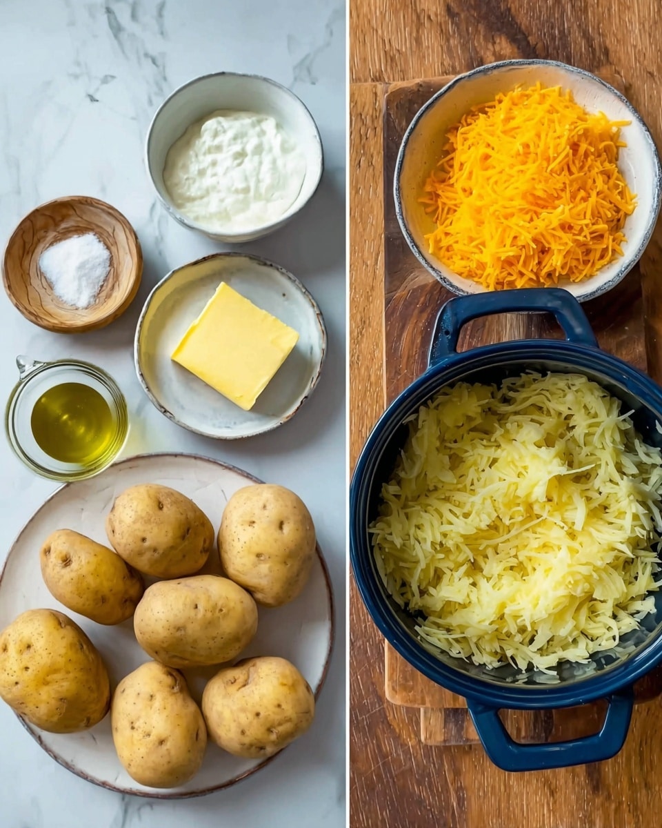 The image shows two parts: on the left, there are several white bowls and a white plate with ingredients for a recipe set on a white marbled surface. From top left to bottom right, there is a bowl of white sour cream, a bowl of orange shredded cheese, a bowl filled with several whole light brown potatoes with small eyes, a small bowl of white flour, a small plate holding a piece of yellow butter and a small bowl of green oil, and a small glass cup filled with a clear yellowish liquid. On the right side, there is a dark blue pot filled with shredded potatoes that are light yellow and spilled slightly on the sides. The pot is placed on a wooden chopping board. Photo taken with an iphone --ar 4:5 --v 7