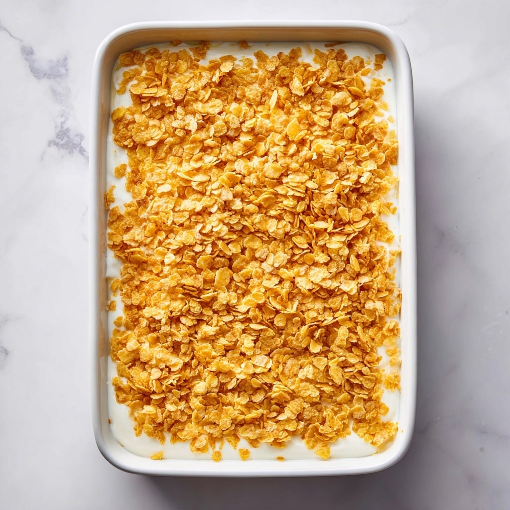 A close-up of a white plate with a thick, square slice of casserole on it showing two main layers: a creamy, pale yellow bottom layer with a soft texture, topped by a crunchy, golden brown layer of crushed flakes. The casserole sits on a white marbled surface with a burgundy baking dish filled with more casserole blurred in the background. The overall look is warm and inviting, with contrast between the creamy base and crispy topping. photo taken with an iphone --ar 4:5 --v 7