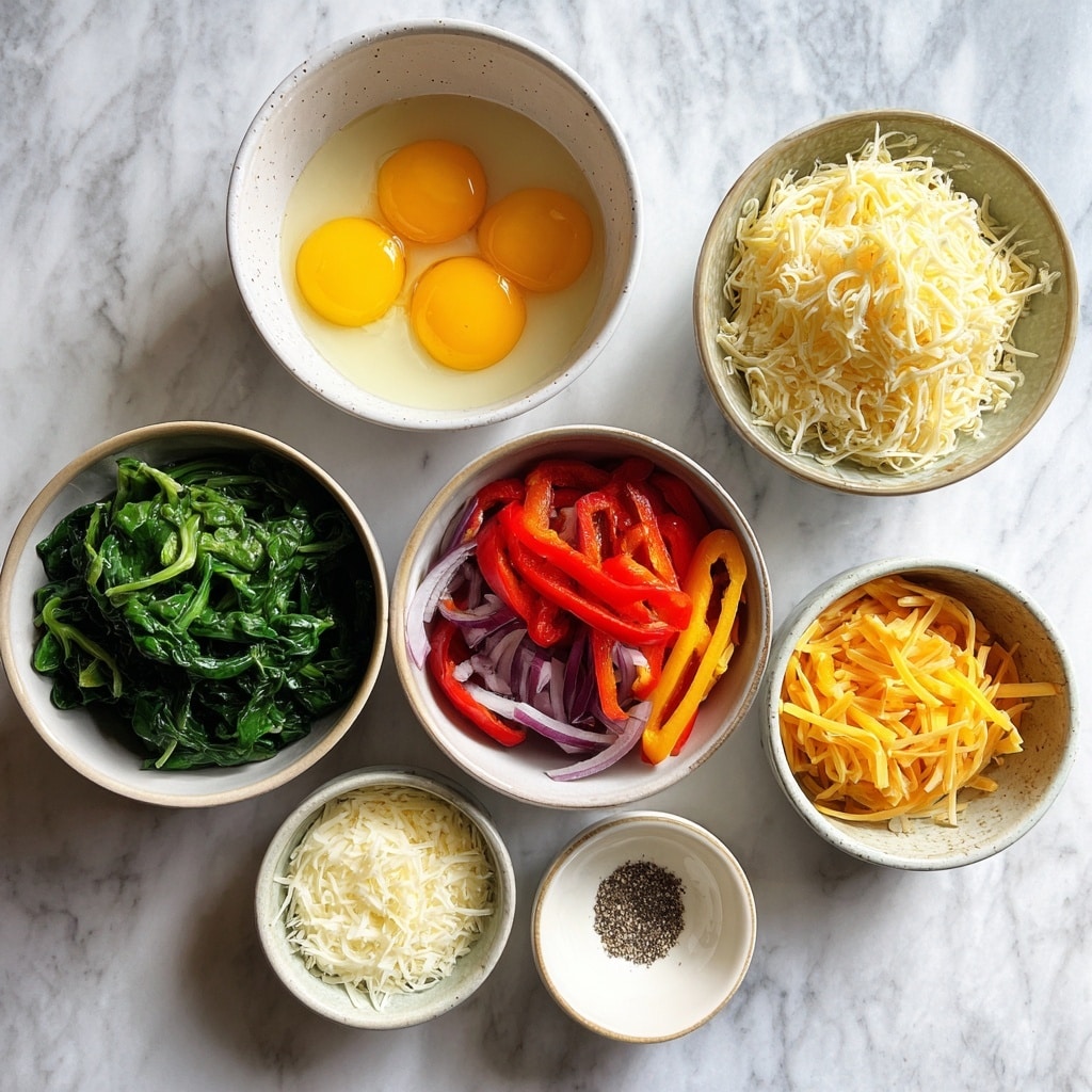 A single slice of a frittata sits on a white plate, showing three visible layers: the bottom layer is lightly browned with small pieces of yellow bell pepper, the middle layer is thick and creamy with a mix of red bell pepper strips and green spinach leaves, and the top layer is golden with a slightly crispy texture and scattered black pepper. The slice has a triangular shape with a soft, fluffy interior, and the plate rests on a white marbled surface. Photo taken with an iphone --ar 4:5 --v 7