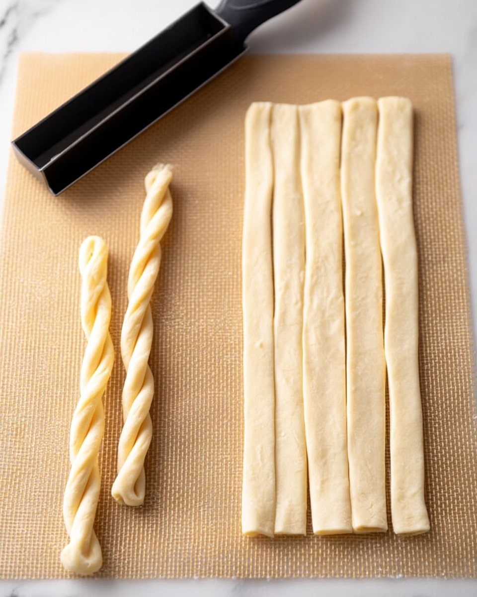 The image shows light beige dough strips lying flat on a light brown textured mat with a black dough cutter at the top. The strips are arranged in two groups, with one group aligned vertically on the right and the other group aligned vertically on the left. Two twisted dough strips are placed in front of the flat strips, showing a braided texture. The colors are soft creamy beige and the light brown mat contrasts gently. The background is a white marbled texture. photo taken with an iphone --ar 4:5 --v 7