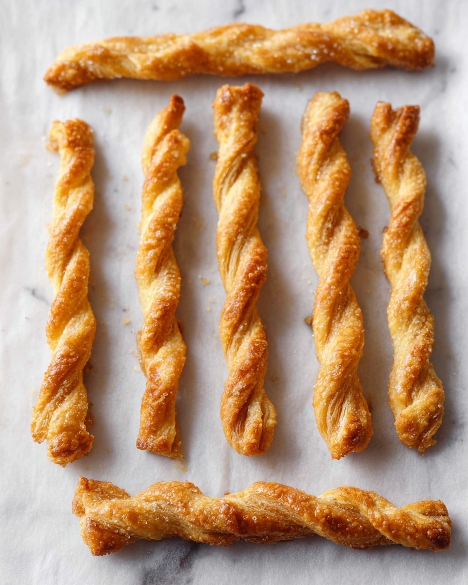 The image shows six golden-brown twisted pastry sticks placed in two rows of three on white parchment paper. Each stick has three to four visible twists, giving a braided texture with slightly crisp, flaky edges and some sugar crystals sparkling on the surface. The color ranges from light golden yellow to deeper brown at the tips and creases, showing a well-baked, crunchy appearance. The background is a white marbled texture. photo taken with an iphone --ar 4:5 --v 7